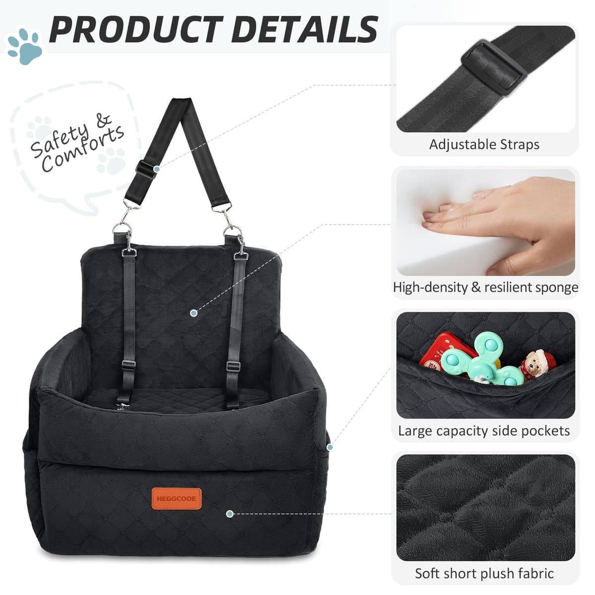 HEGGCOOE Small Dog Car Seat, Memory Foam Dog Booster Seats with Thick Cushion for Medium Dogs Under 35lbs, Detachable Washable Pet Car Seat with Storage Pockets,2 Safety Belts — view 3