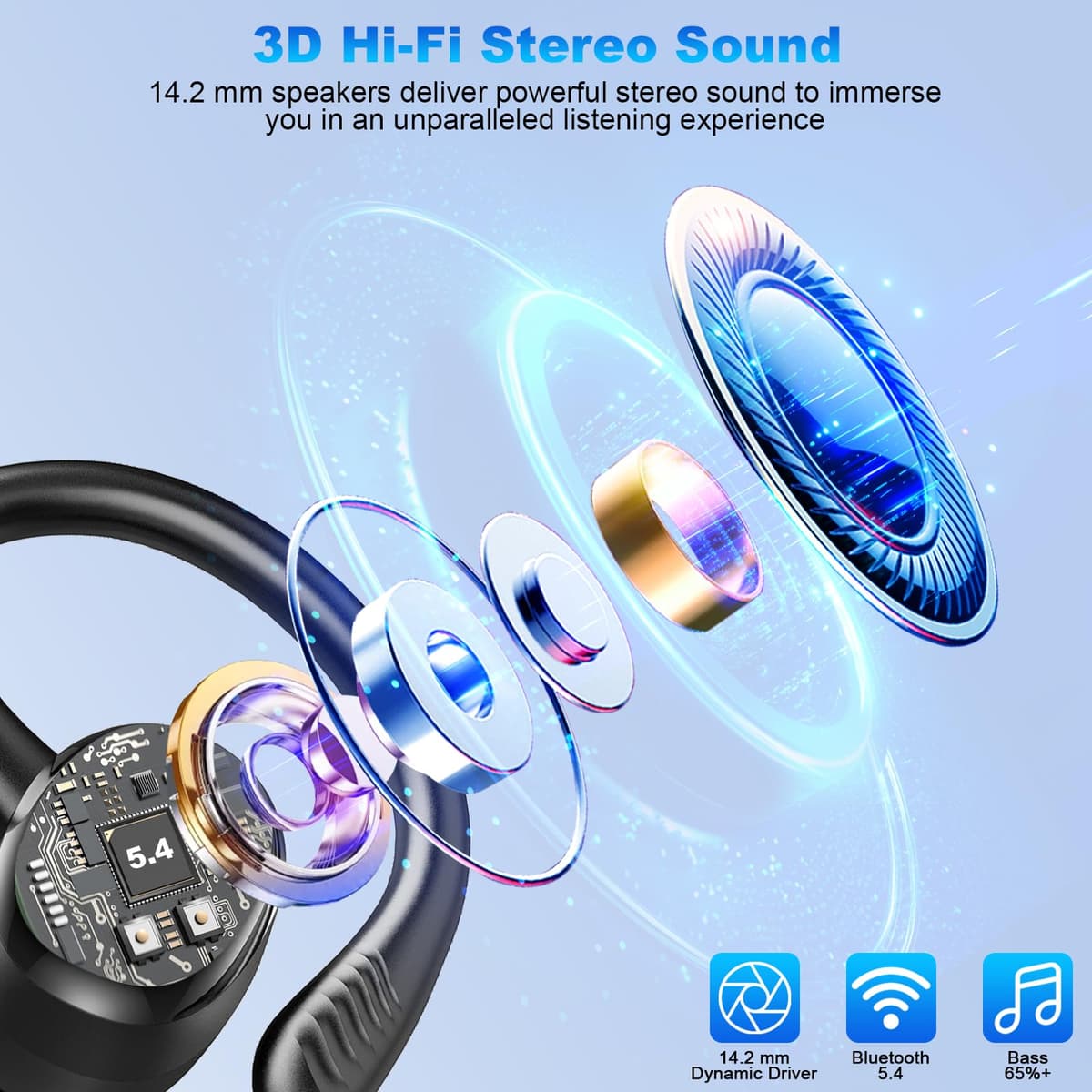 Wireless Earbuds Sport, 2026 Bluetooth 5.4 Headphones, Deep Bass Hi-Fi Stereo Ear Bud, ENC Noise Cancelling Earphones with Earhooks, 50+Hrs USB-C IP-X7 Waterproof Running Gym Workout for Android iOS — view 3