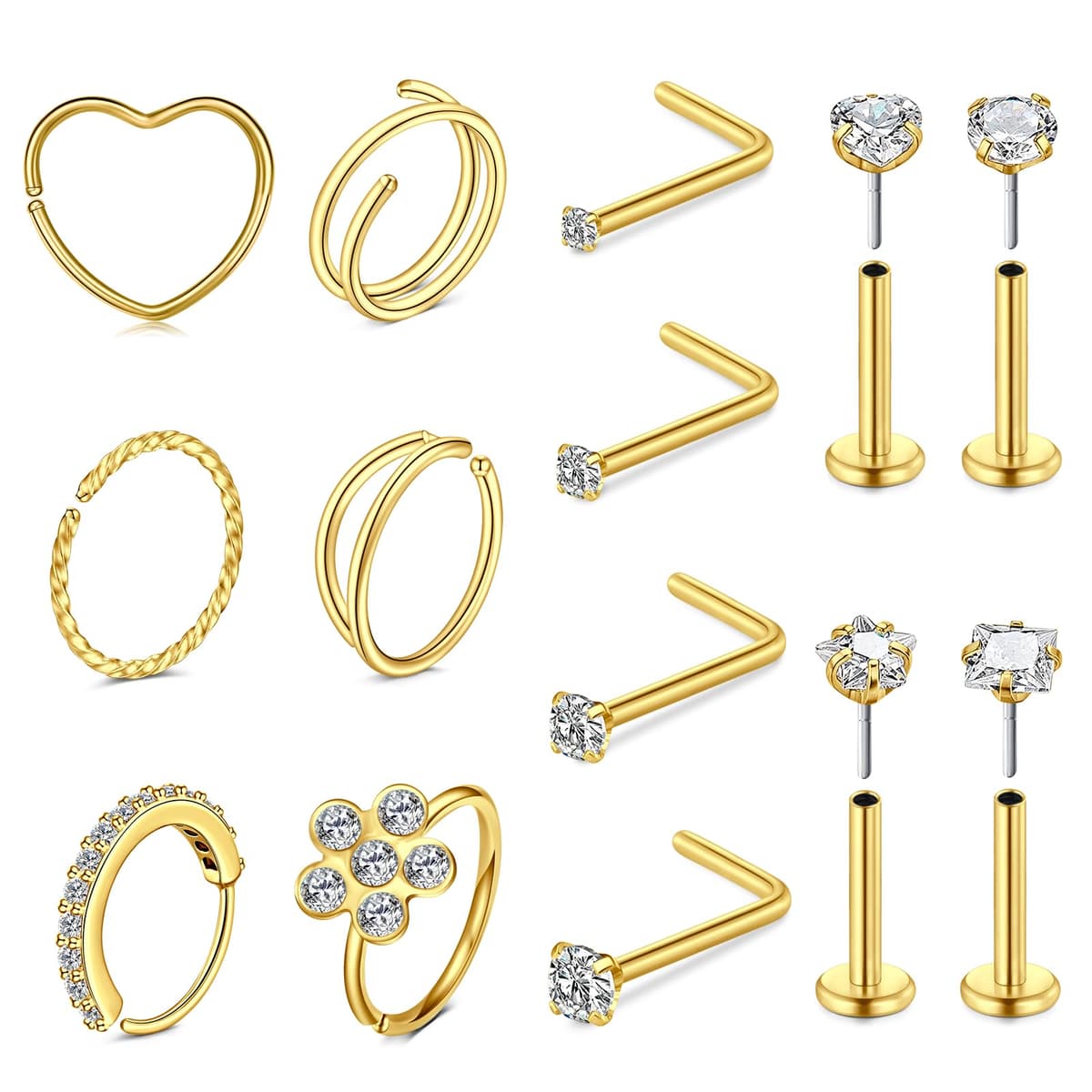 WillTen 20G Nose Studs L Shape Women Nose Studs Colorful Diamond CZ Silver Stainless Steel Heart Start Piercing Jewelry — view 11
