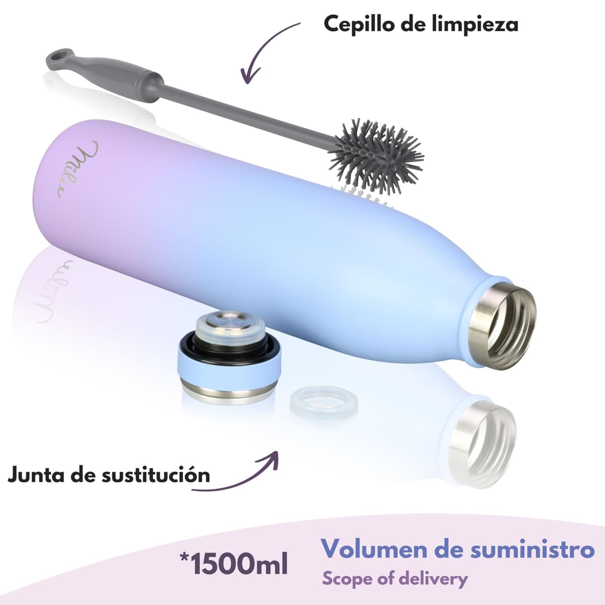 Milu Botella de acero inoxidable de 350ml 500ml 750 ml 1 L 1,5 L botella de agua aislada, termo a prueba de fugas, doble pared, apta para ácido carbónico + cepillo de limpieza (Azul Violeta, 350ml) — view 73