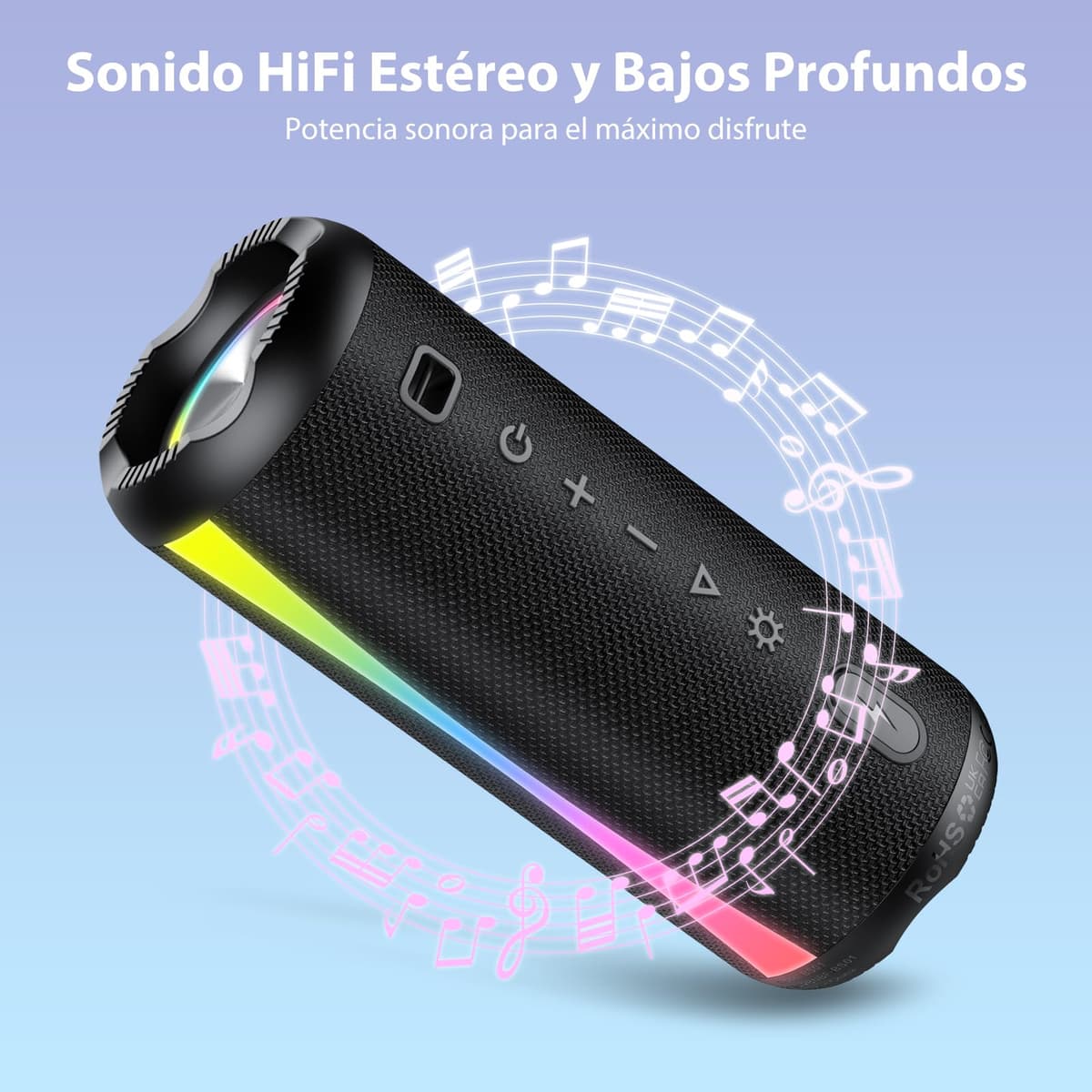 Altavoz Portátil 2026, Altavoz Bluetooth Potente con Bajos Mejorados, Hasta 20H de Reproducción, Altavoces Bluetooth 5.4 con Emparejamiento TWS, 7 Modos RGB, Ideal para Exterior, Fiestas y Viajes — view 2