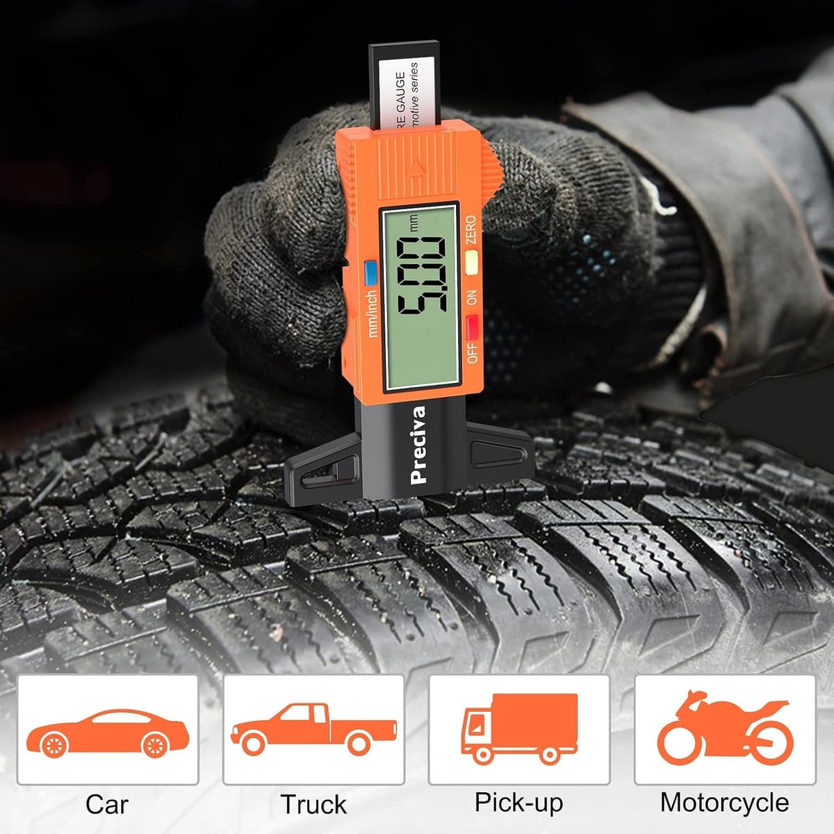 Preciva 2pcs Tyre Tread Depth Gauge, 0-25.4 mm/Inch Digital Precision Tire Surface Checker UK Measuring Tool with Large LCD Screen for Cars, Trucks, Motos, Orange 2 Orange — view 2