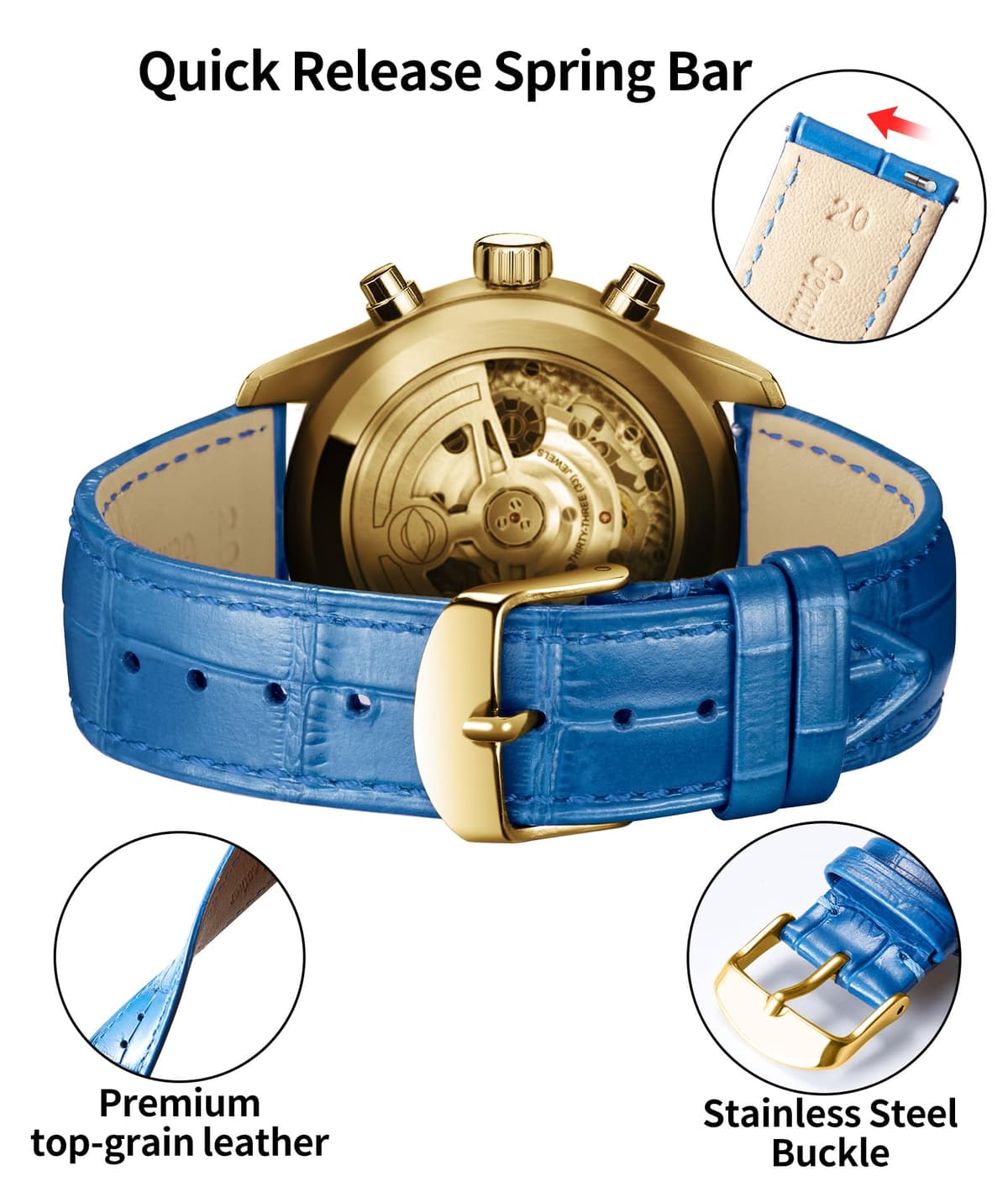 BINLUN Quick Release Leather Watch Straps Replacement Watch Bands Smart Watch Strap Crocodile Pattern in 10 Colors 13 Sizes with Silver/Gold/Rose-Gold Buckle for Men Women(10mm-24mm) — view 146