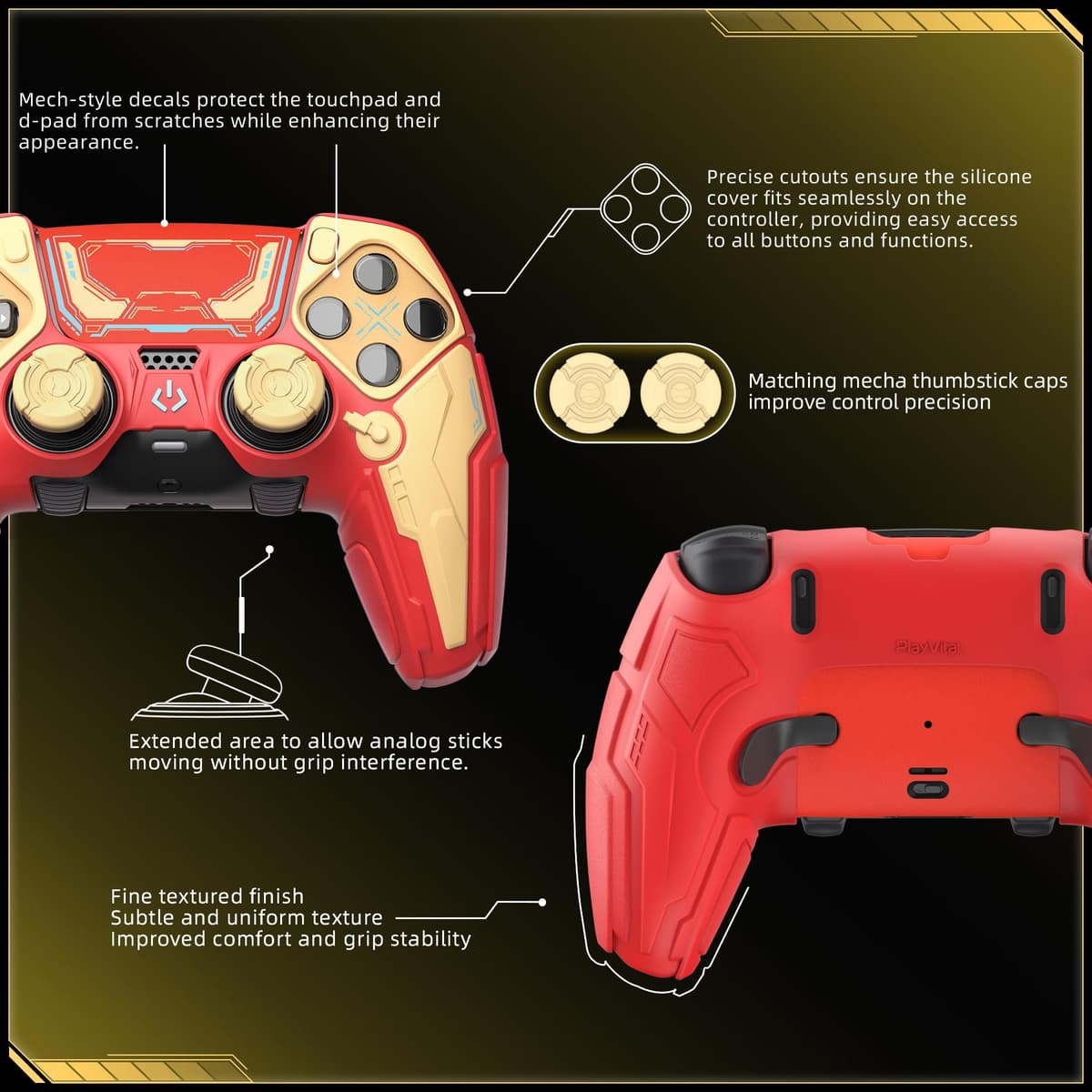 PlayVital Funda de Silicona para ps5 Edge Mando - Carcasa Protectora Antideslizante con Tapas para Joystick y Pegatinas Decorativas - Stellar Mecha (Rojo Carmesí & Amarillo Hierro) — view 3