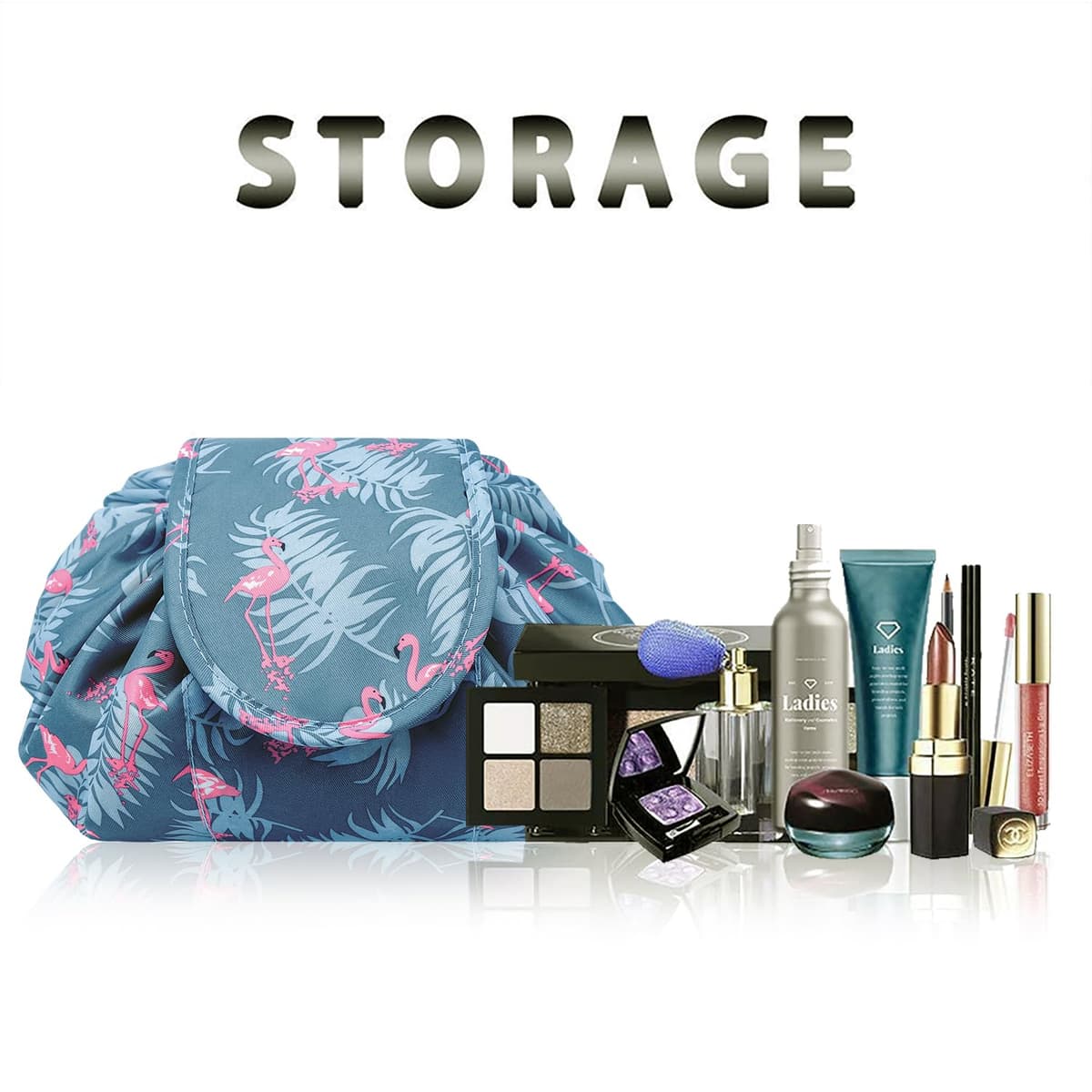 Lazy Drawstring Makeup Bags, Large Capacity Waterproof Travel Portable Cosmetic Bag Pouch Makeup Pouch Storage Organiser for Women Girl (Flamingo) — view 2