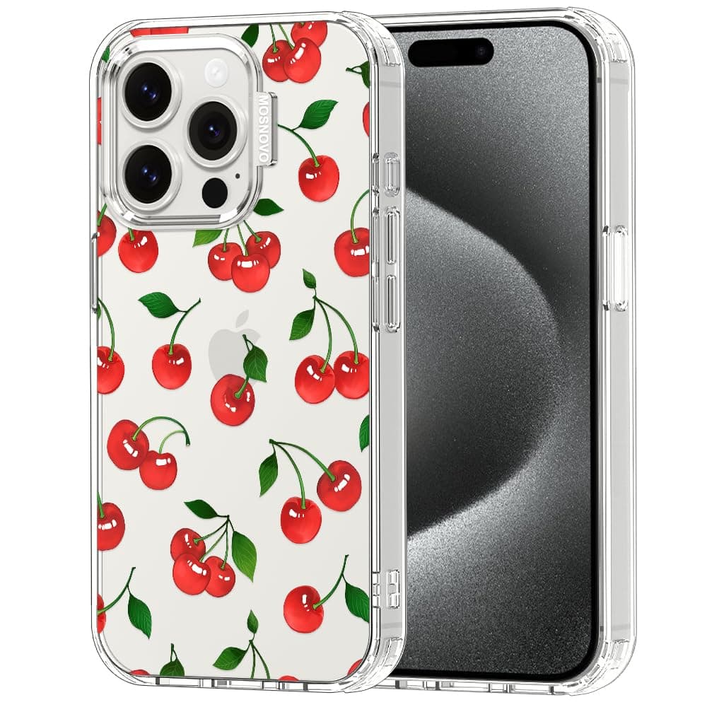 MOSNOVO Case for iPhone 15 Pro, [Buffertech 6.6ft Military-Grade Drop Protection] [Anti Peel Off Tech] Clear TPU Bumper Phone Case Cover Design - Cute Cherry