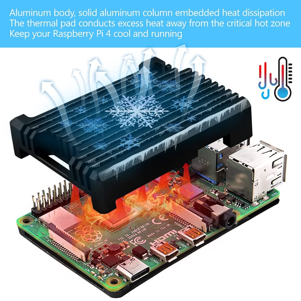 GeeekPi Armor Aluminum Alloy Case with Passive Cooling for Raspberry Pi 4, CNC Aluminum case with Heat Dissipation Heatsink Thermal Tape for Raspberry Pi 4 Model B(Black) — view 3