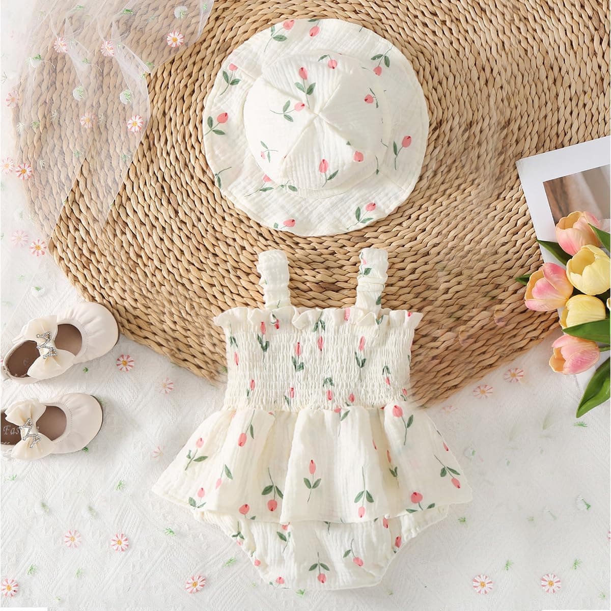 Vestidos Bebé Niña Ropa de Verano Floral Bohemios Vestido de Algodón y Lino con Gorro para Recién Nacidos Conjuntos para Bebés Sesiones de Fotos — view 3