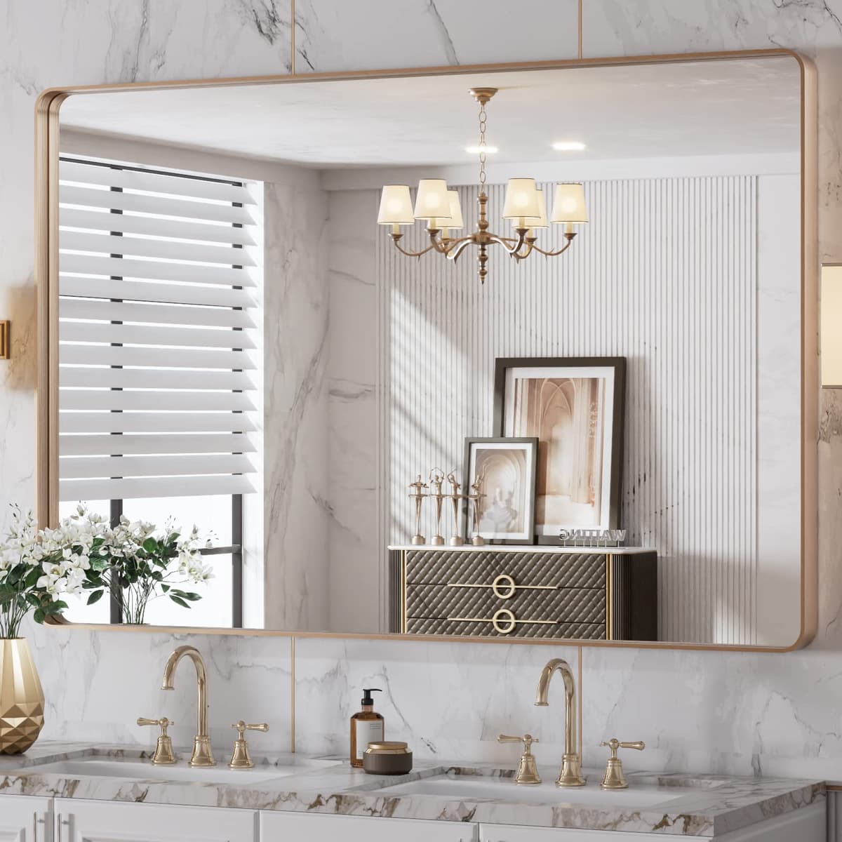 LOAAO 48”X36” Gold Bathroom Mirror, Rounded Rectangle Gold Frame Mirror, Brushed Gold Bathroom Vanity Mirror Wall-Mounted, Anti-Rust, Tempered Glass, Hangs Horizontally or Vertically — view 11