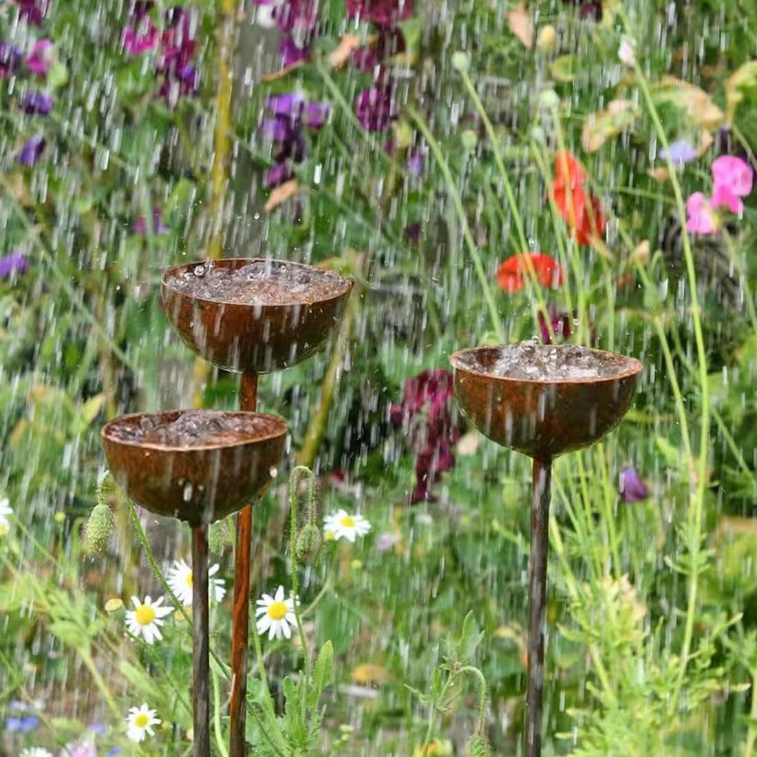 WRQIOO 3Pcs Rain Catchers for Garden, Bee Bath for Garden, Bee Watering Station, Large Cup 10cm Height 60cm, Metal Garden Ornaments, — view 4