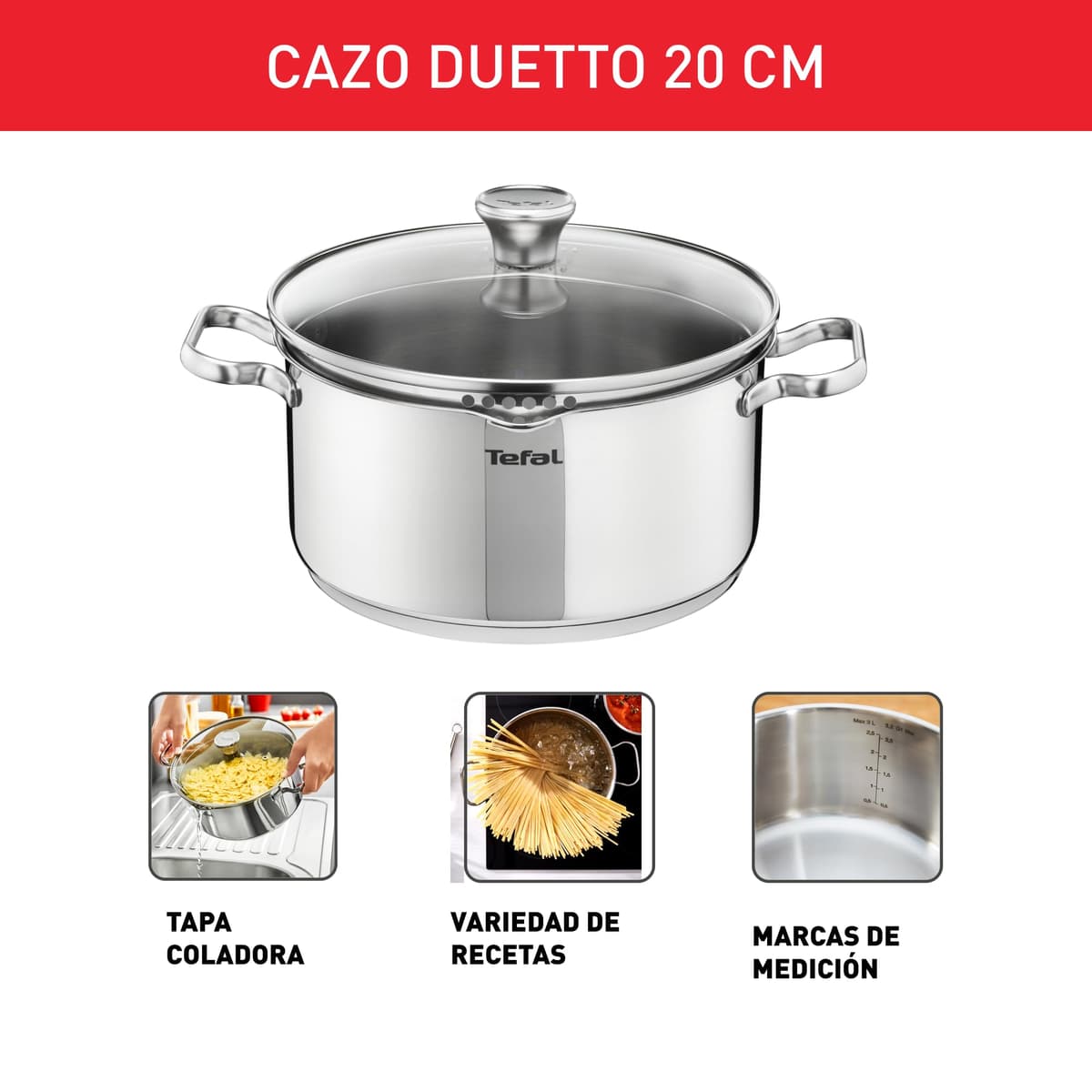 Tefal Duetto - Cacerola de 20 cm, Apto inducción, Thermo-Fusion, apto lavavajillas y horno, marcas de medición, acero inoxidable — view 2