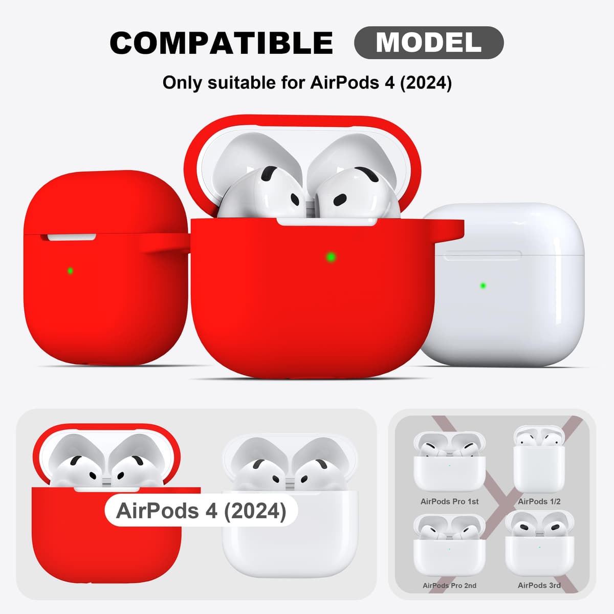 R-fun Funda para AirPods 4 con Kit de Limpieza, Case de Silicona Suave con Llavero, Funda Protectora Completa para Hombres y Mujeres, Compatible con Apple Latest Airpods 4th, Rojo — view 4