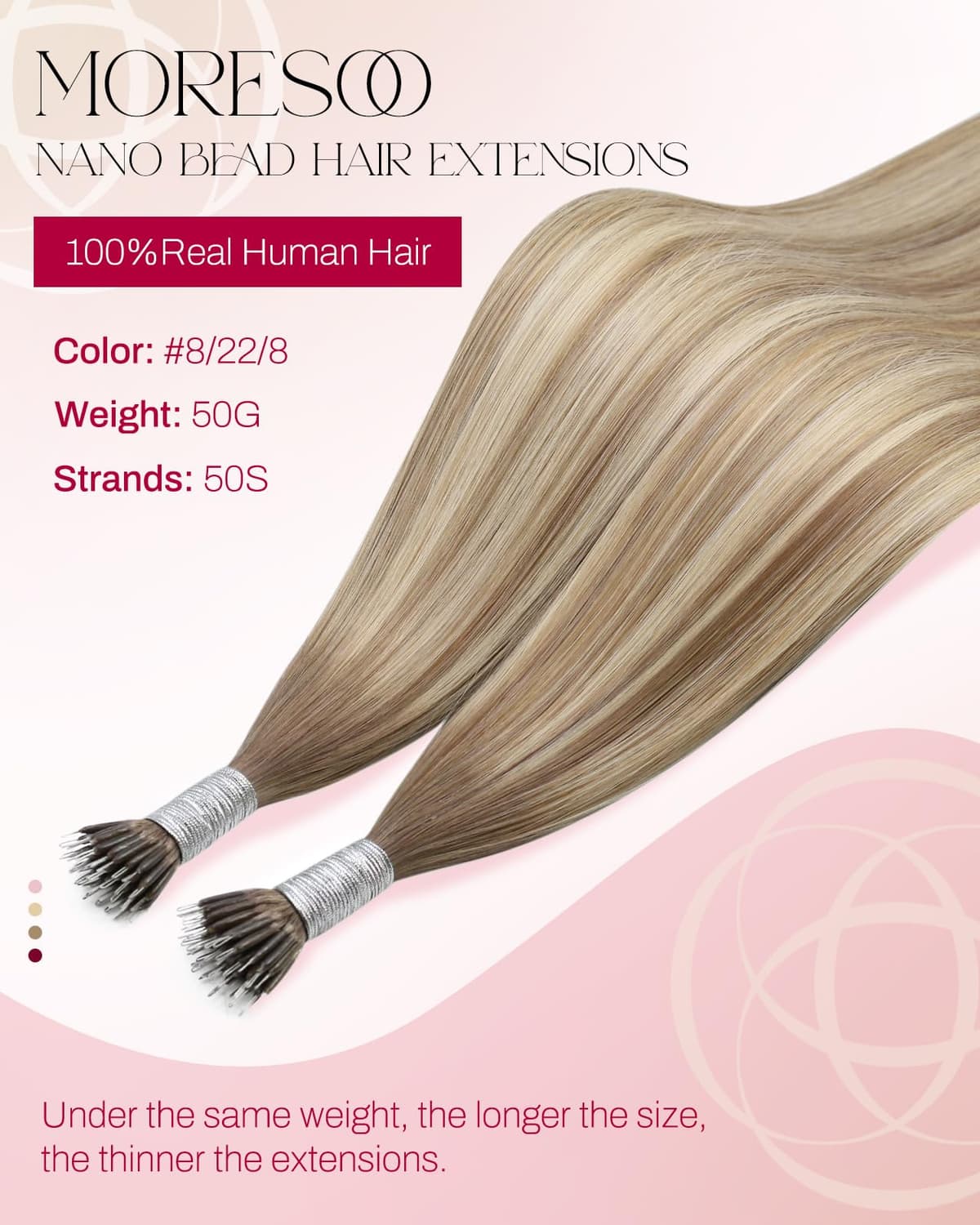 Moresoo Nano Hair Extensions Real Human Hair Balayage Light Brown with Medium Blonde Nano Beads Hair Extensions Light Brown Ombre 16 Inch Invisible Cold Fusion 1G/S 50G/Pack #8/22/8 — view 2