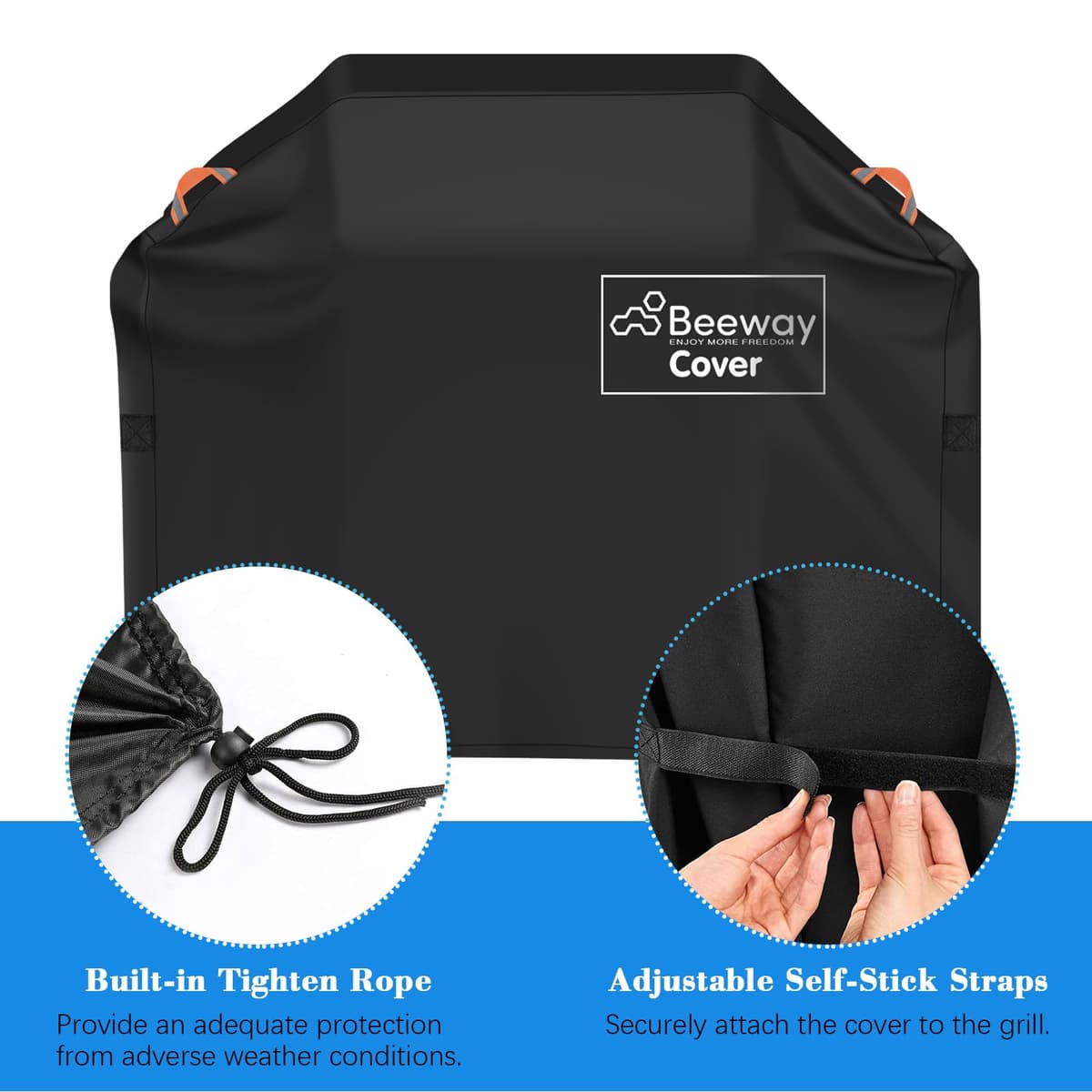 BEEWAY Barbecue Cover, BBQ Grill Cover fits Weber, Brinkmann, Char Broil - Heavy Duty Large BBQ Covers, UV & Waterproof, Rip-proof with Reflective Straps and Storage Bag (132 x 66 x 109cm) — view 3