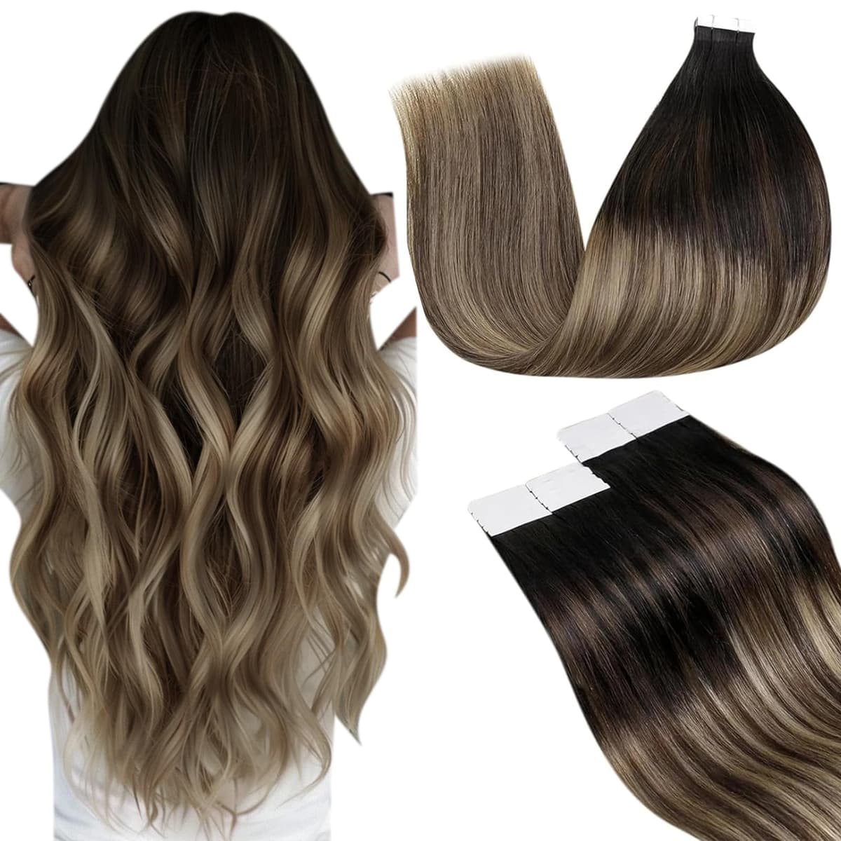 LaaVoo Tape in Hair Extensions Human Hair Blonde Tape Hair Extensions Real Human Hair Invisible Tapes Remy Straight Balayage Brown to Blonde Hair Double Sided Tabs 20pcs 50g 16 Inch #8/18/60 — view 101