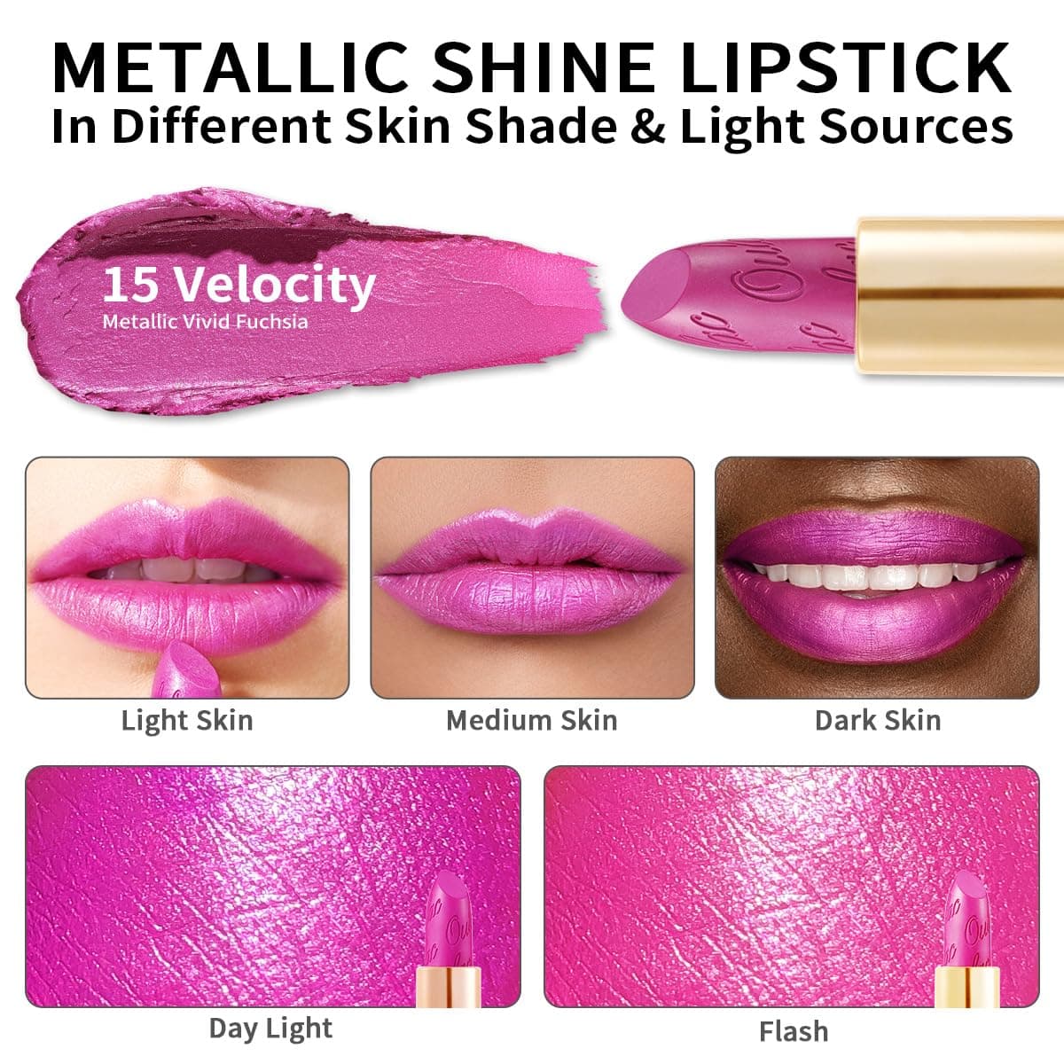 OULAC Pintalabios Rosa Brillo Metálico, Brillo 3D de Larga Duración, Barras de Labios de Alta Pigmentación y Cobertura Total, Fórmula Cremosa e Hidratante, Vegan, 4.3 g, (15) Velocity — view 3