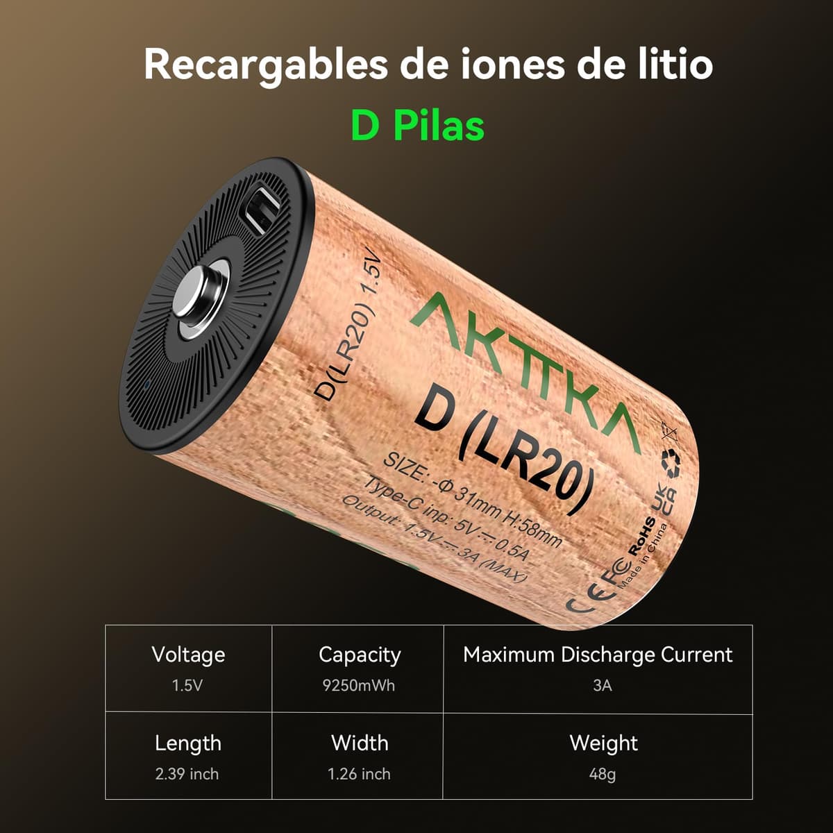 Paquete de 4 Pilas Recargables de Iones de Litio D/LR20 9250 mWh, 1,5 V, Gran D, Incluye Cable USB-C, Ideal para Luces de Camping, Coches de Juguete teledirigidos, Bolsa LED portátil — view 2