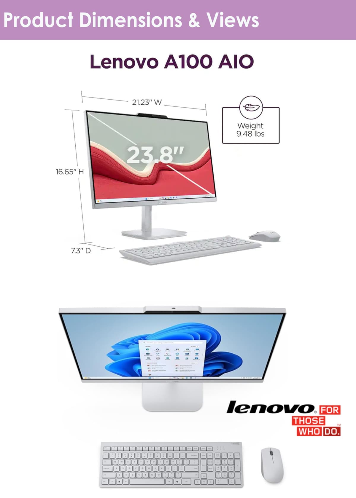 Lenovo All in One Desktop, Intel Ultra-Fast Quad-Core CPU| 24'' Full HD Display| 16GB RAM, 256GB PCIe SSD| Wi-Fi 6| Bluetooth| USB, Ethernet Port| Windows 11 | HDMI| Wireless KB & Mouse — view 3