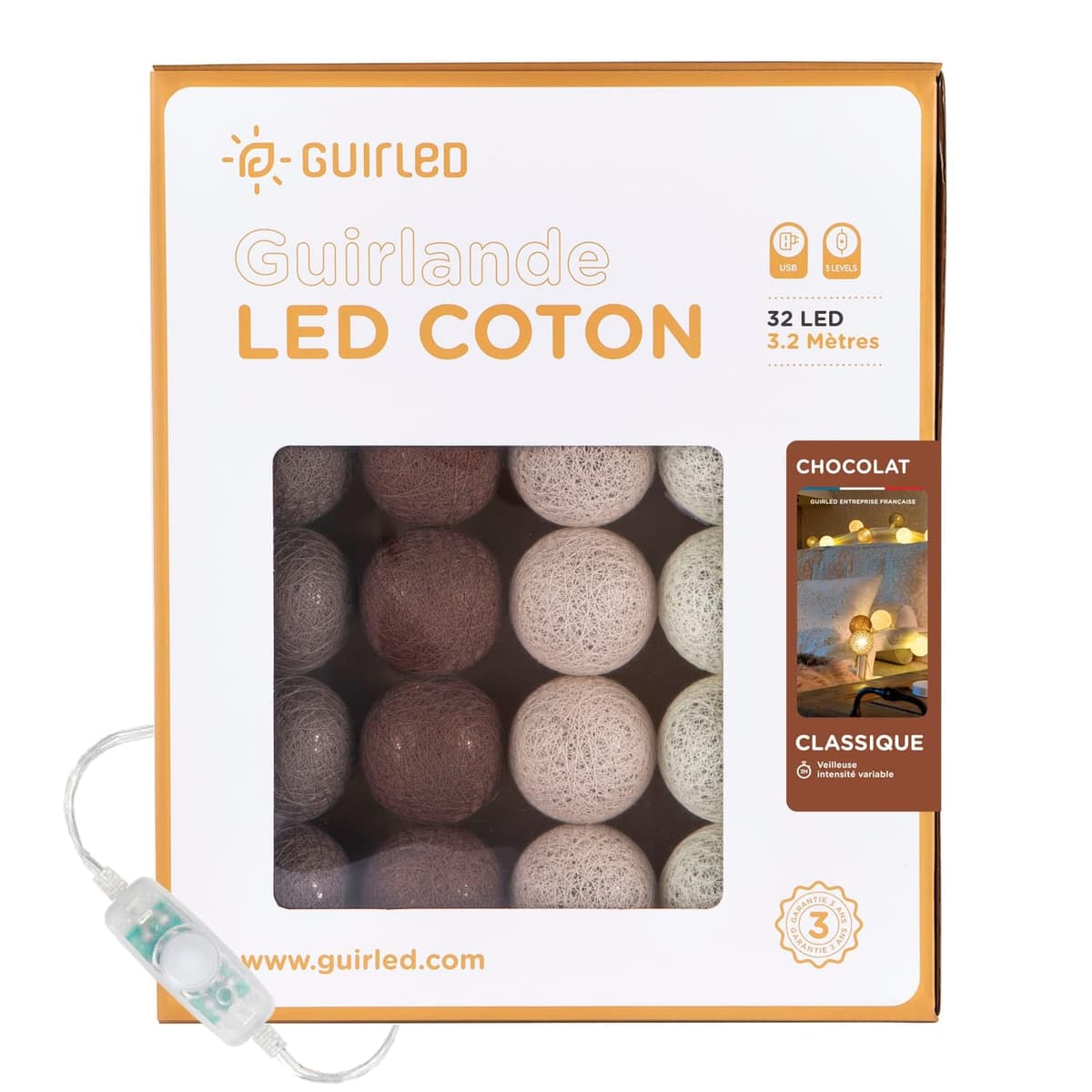 GuirLED - Guirnalda luminosa bolas de algodón LED USB- Luz de noche para bebé 2h - Adaptador de corriente dual USB 2A incluido - 3 intensidades - 16 bolas 1,6m - Byzantin — view 67