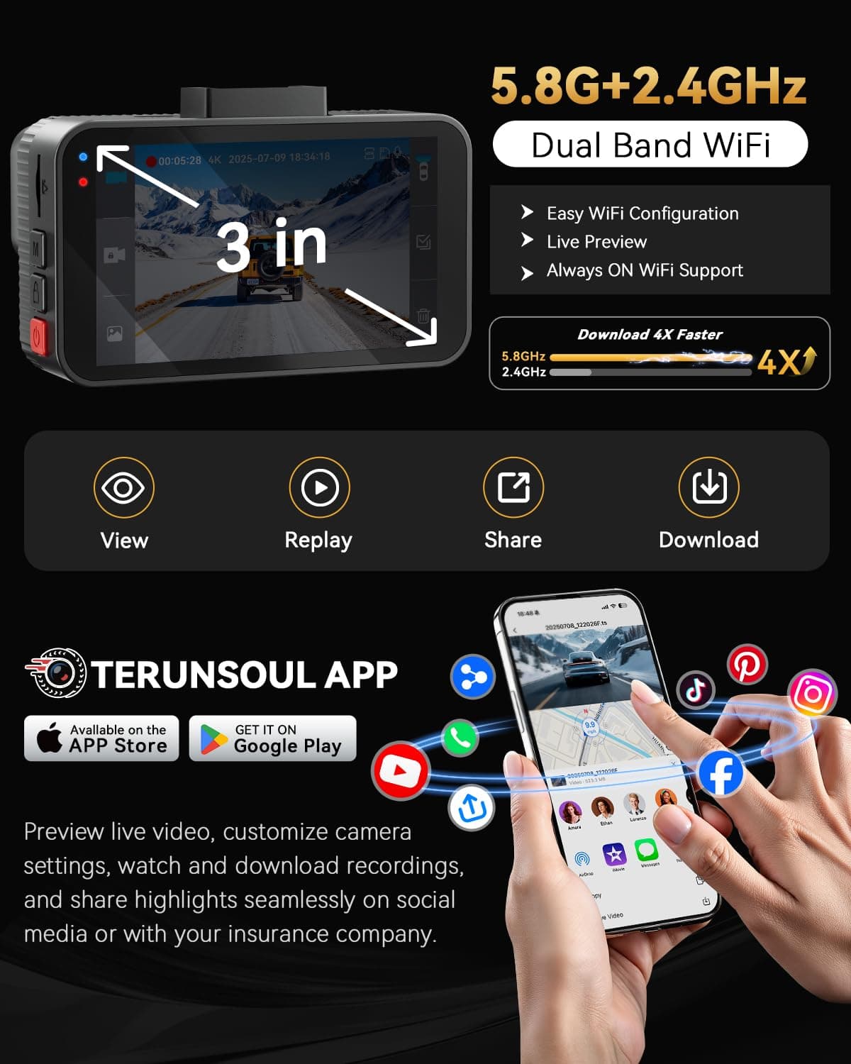 TERUNSOUl 4K+4K Dash Cam Front and Rear, Free 128GB Card Included, 5.8GHz WiFi Dash Camera for Cars, Built-in GPS, G-Sensor, 170°Wide Angle, 3" IPS Screen, 24H Parking Mode, Support 512GB Max — view 4