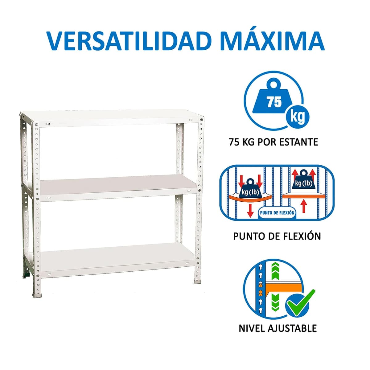 Simon Rack Estanteria Metalica 900x900x300 mm, 3 Alturas, Bandeja Metal, 75 kg de Punto Flexión, Estanteria Almacenaje, Blanca - Advantage — view 5