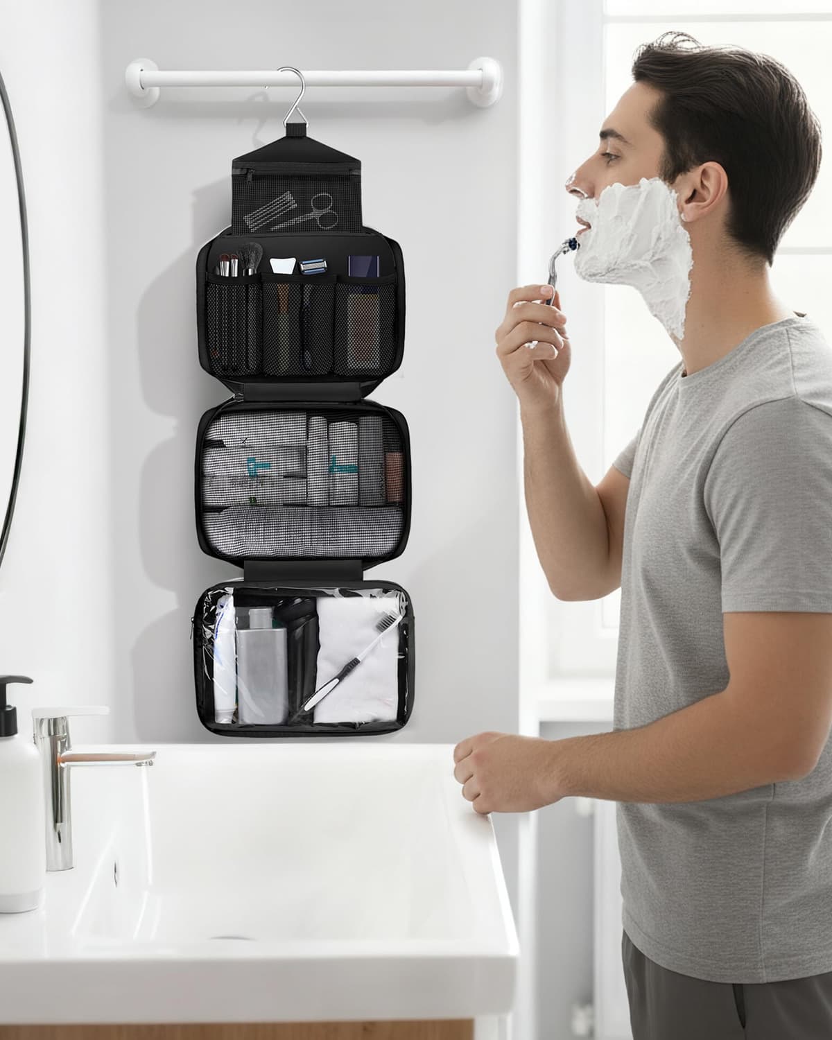 Maliton Hanging Toiletry Bag, Waterproof Large Mens Wash Bag, Foldable Travel Toiletry Bag with 4 Compartments, Travel Essentials for Business Trip, Vacation and for Overnight & Shower（Black） — view 7
