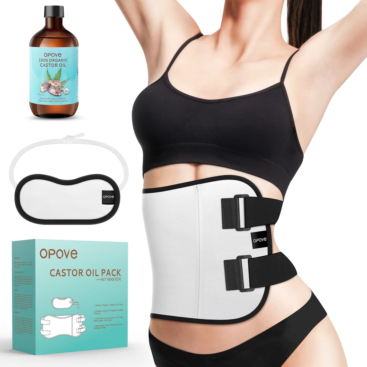 opove Castor Oil Organic, Pack Wrap. Wrap for Liver Detox Thyroid Stomach Kit Caster Packs Waist Neck Unisex- Less Mess, Reusable (Castor Included) White