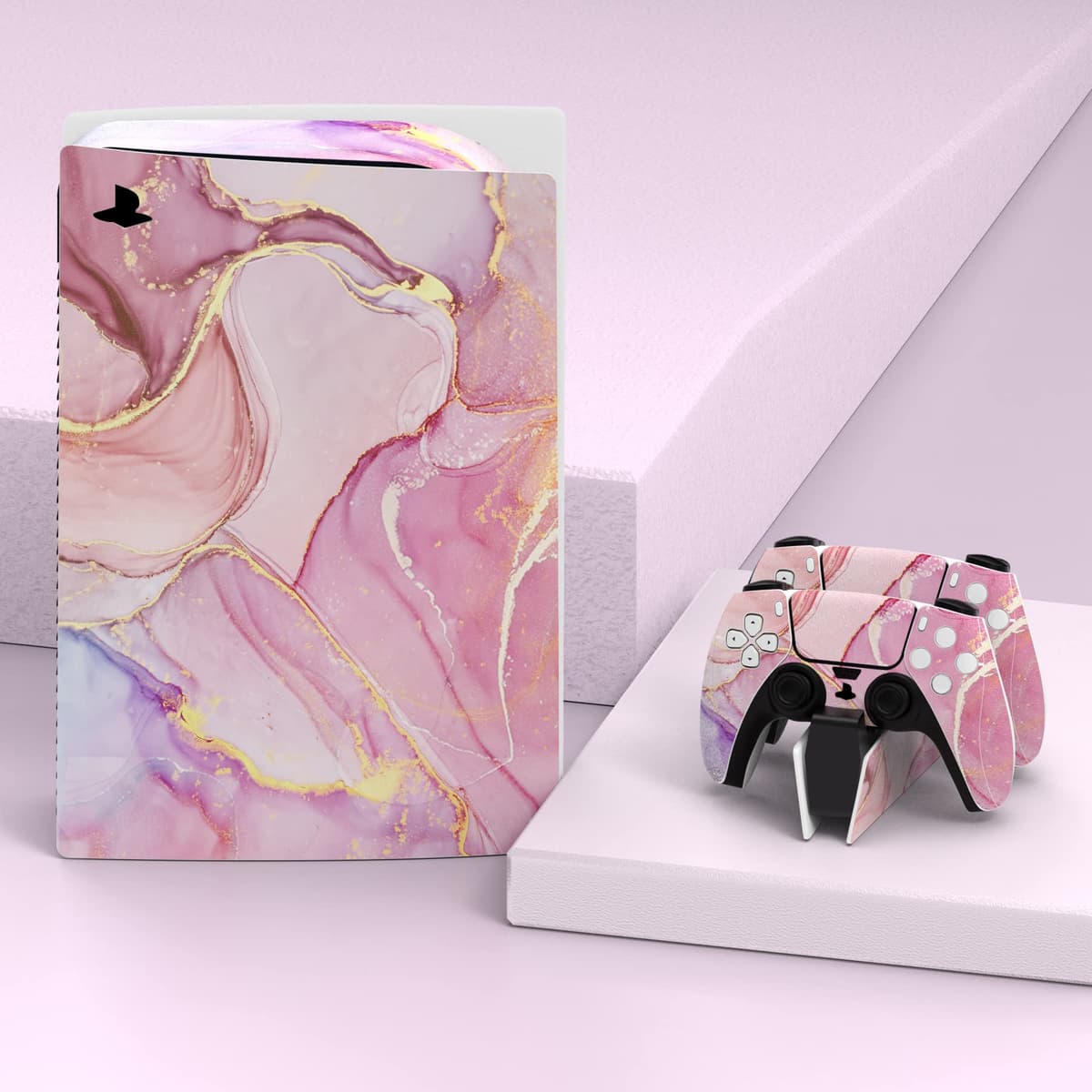 PlayVital Calcomanía Vinilo para ps5 Edición Disc - Pegatina Completa para Consola, Control, Base de Recarga, Control Remoto y Audífonos, Cubierta Protectora Adhesiva(Efecto de Mármol Dorado Rosa) — view 8