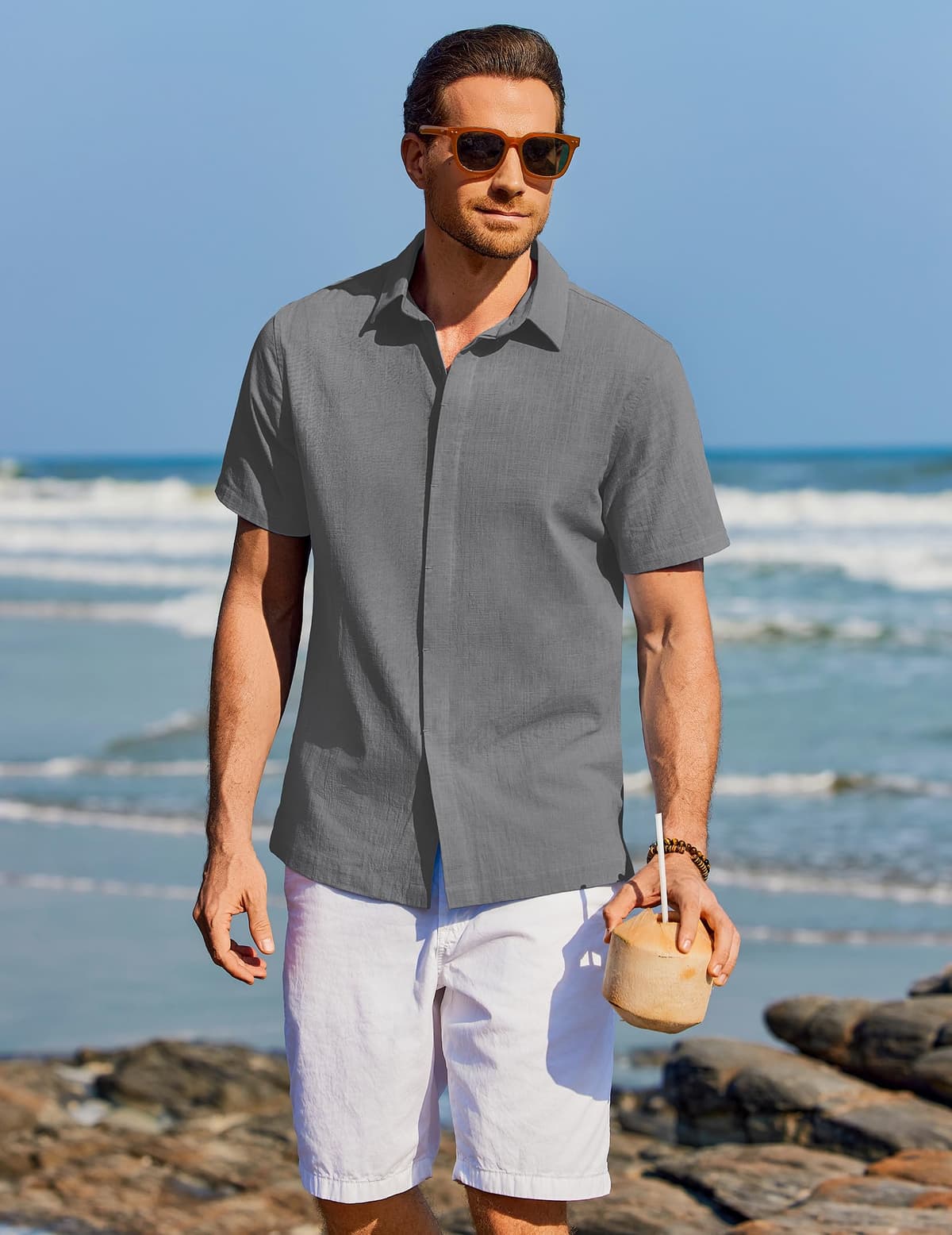 COOFANDY Camisa Hombre Manga Corta Verano 100% Algodón Camisas Hombre Casual Regular Fit — view 2