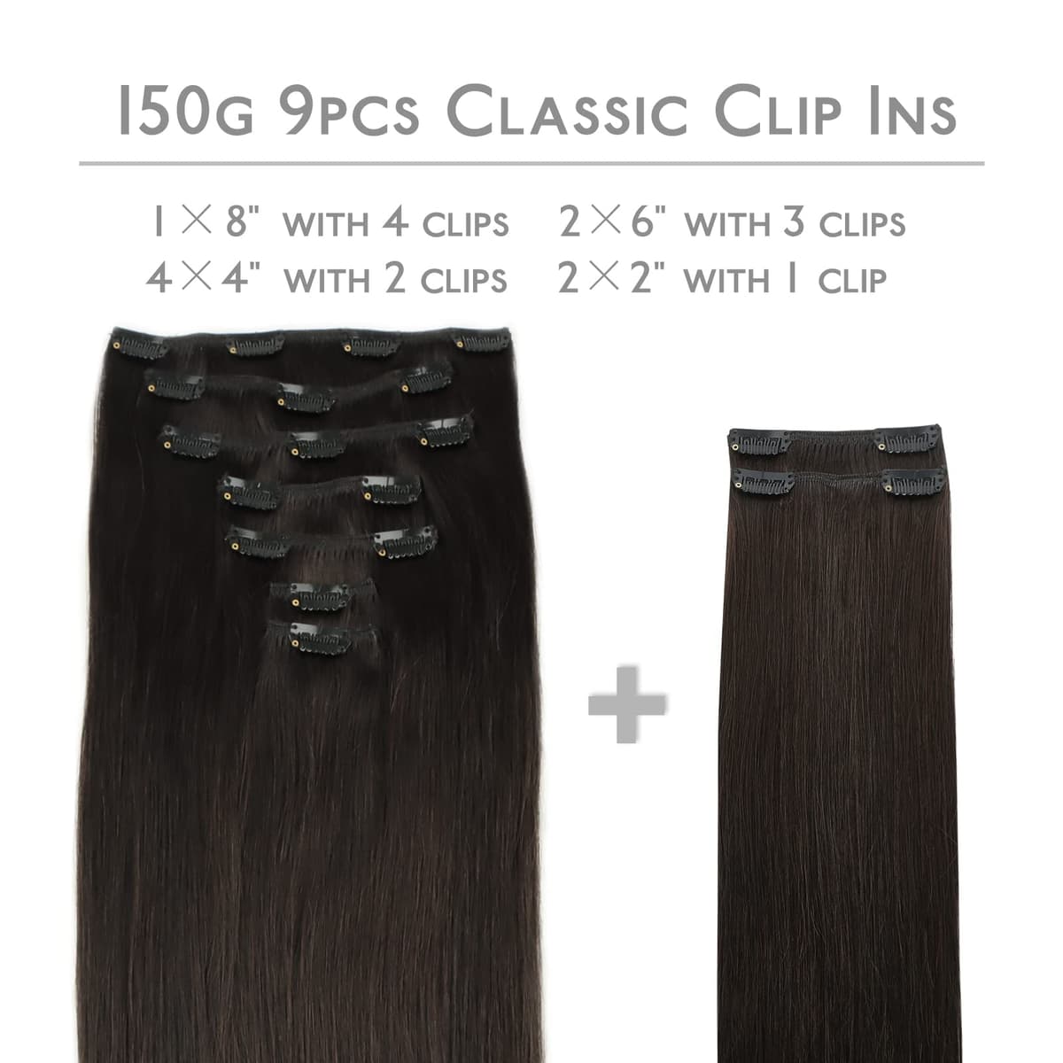 WENNALIFE Extensiones de Clip de Pelo Natural, Castaño Oscuro 150g 50cm 9 Piezas Extensiones Pelo Natural Remy Cabello Humano Extensiones Pelo Natural Clip Double Weft Extensiones de Clip — view 2