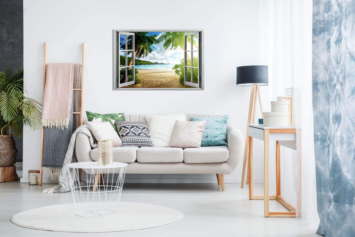 Beach Sunset View 3D Window Effect Canvas Wall Art Picture Print (24X16), Bedroom — view 3