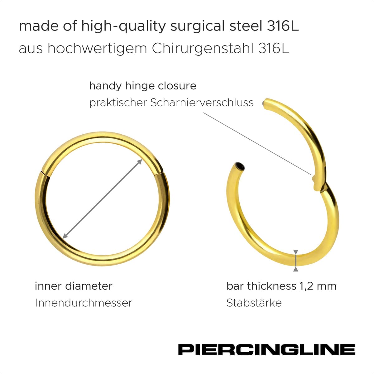 PIERCINGLINE Anillo segmento Clicker de acero quirúrgico – Piercing en oro, plata, rosa, negro o azul – para nariz, tabique, oreja, hélice o tragus — view 2