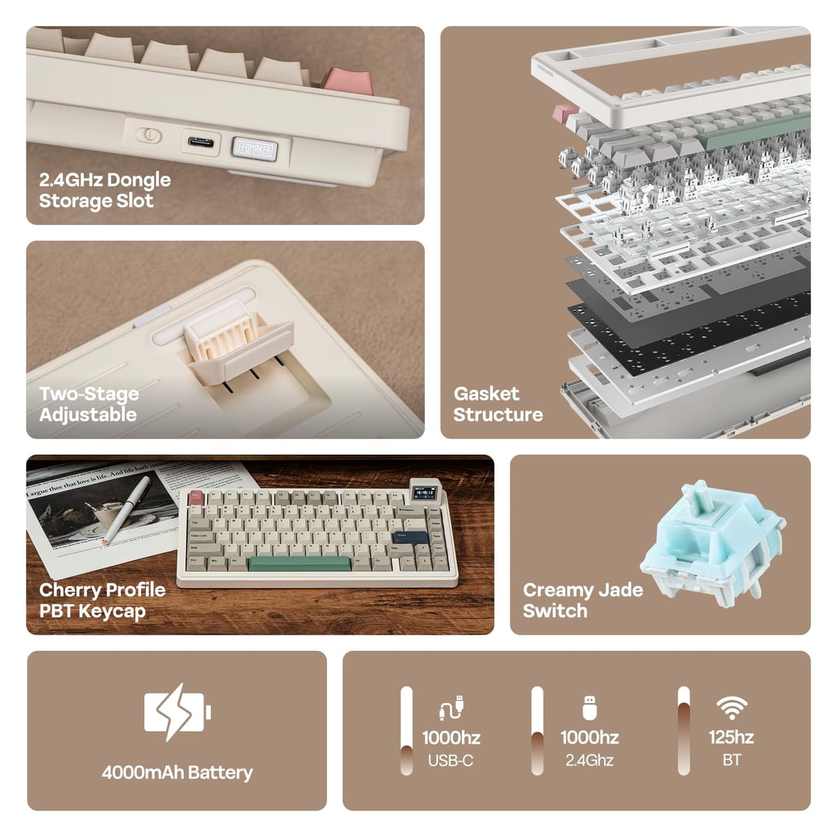 EPOMAKER RT82 Teclado Mecánico Inalámbrico para Juegos con Pantalla, Personalizable con Via, 2.4GHz/USB-C/BT5.0, RGB, Gasket, Amortiguado de 5 Capas, Teclas PBT, Hot-Swap, US ANSI (Creamy Jade) — view 2