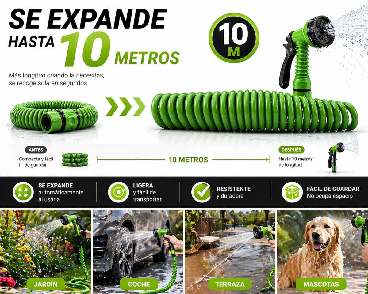 Manguera Extensible Jardín 10m con Pistola 7 Modos – Antienredos, Ligera y Compacta – Conectores Anti-Fugas – Ideal para Terraza, Balcón, Patio y Lavado de Coche — view 5