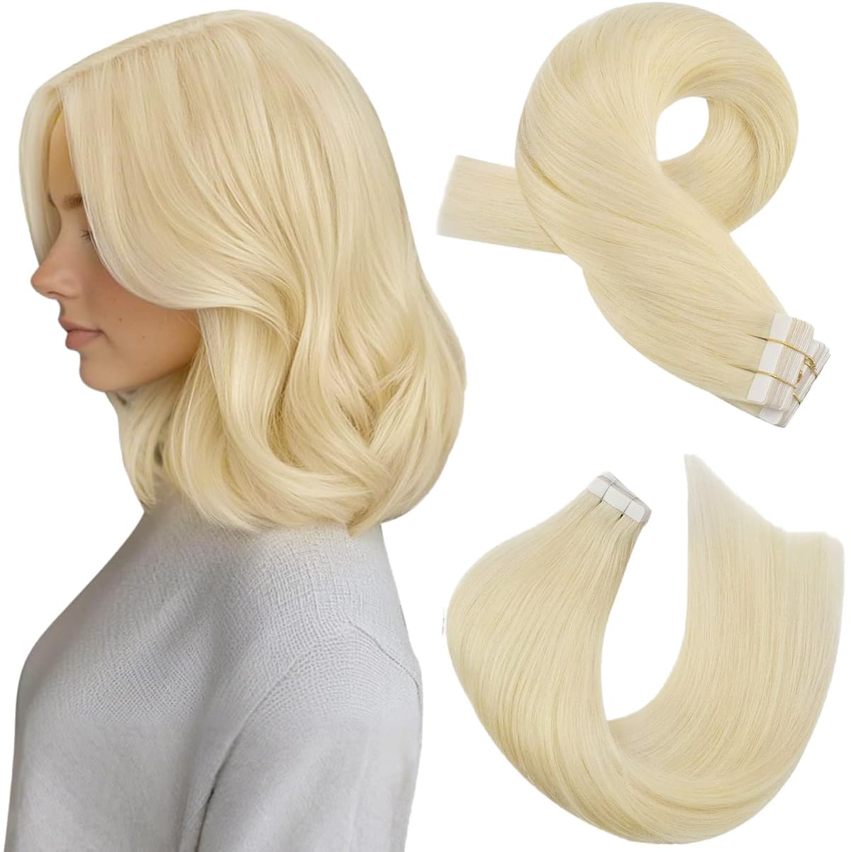 Moresoo Tape in Human Hair Extensions 20 Inch Highlight 50g/20pcs Tape in Hair Extensions Human Hair Ash Blonde with Platinum Blonde #P18/613 — view 81