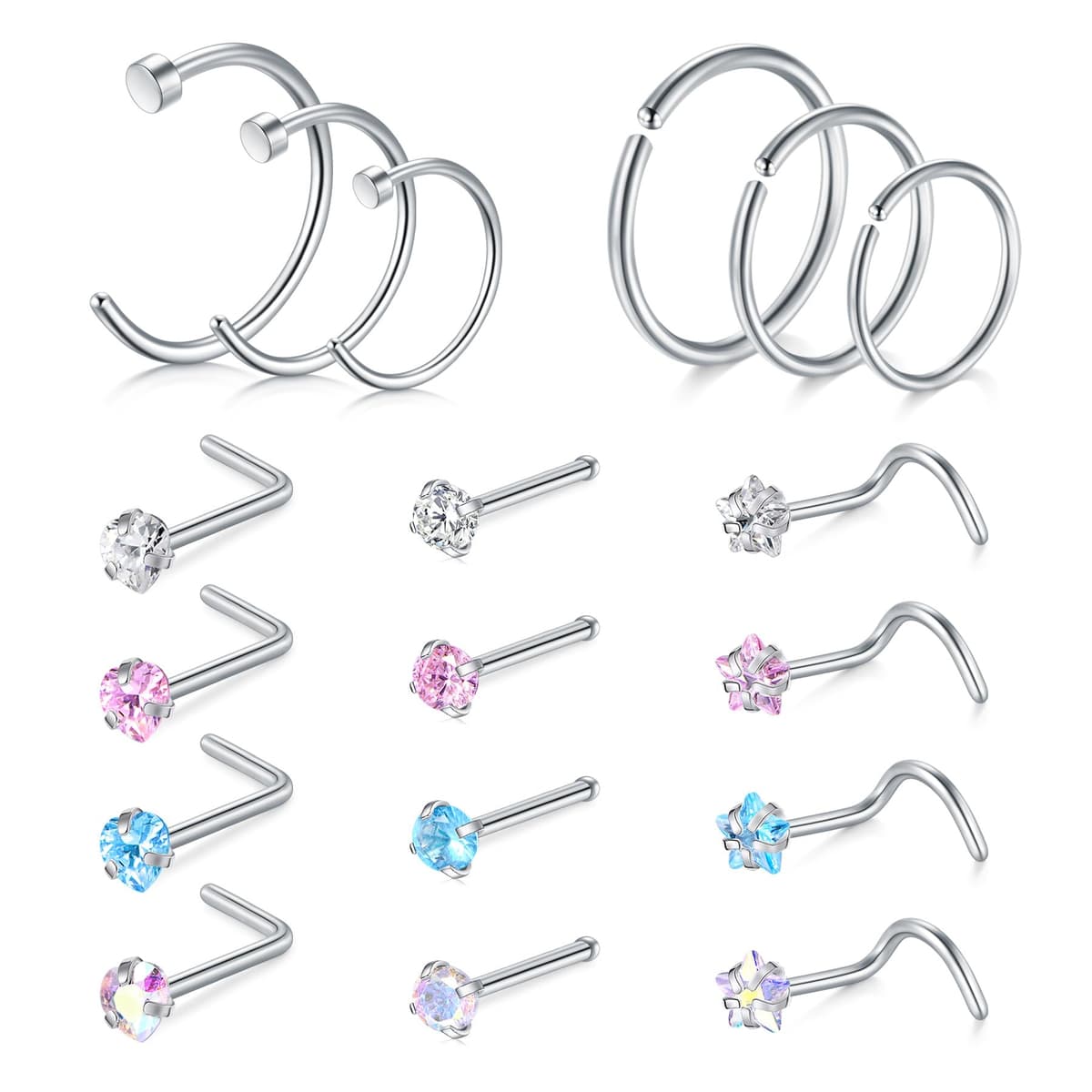 AVYRING Nose Rings Hypoallergenic Stainless Steel L-Shaped Nose Stud Screws with Cubic Zirconia Nose Piercing Jewellery 22G 20G 18G, Pack of 18 Pieces or 24 Pieces — view 12