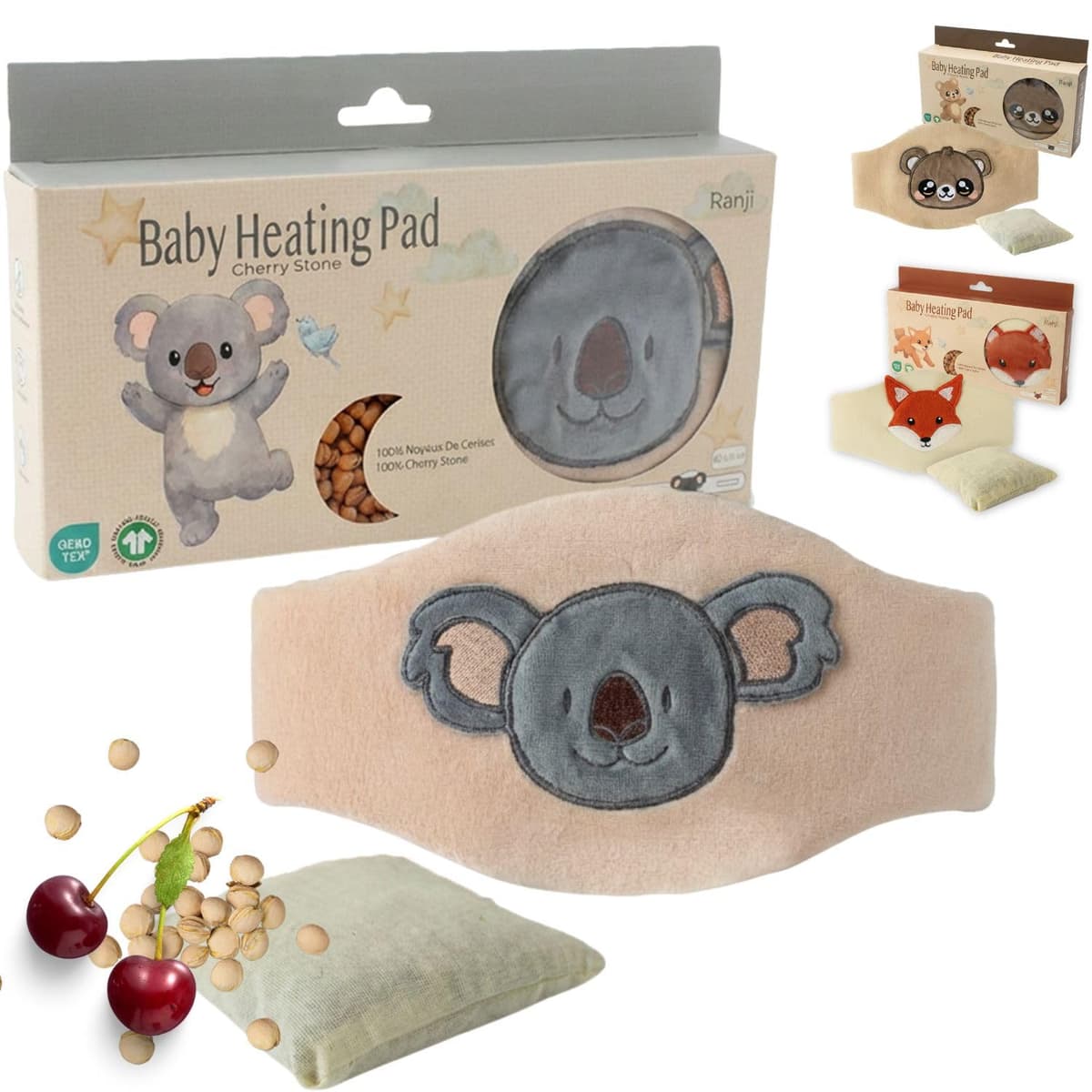 RANJI - Cinturón Anticólicos Bebé con Huesos de Cereza – Saquito de Semillas para Cólicos Bebé Recién Nacido, Algodón Orgánico GOTS & Certificación OEKO-TEX, Apto Microondas (Koala)