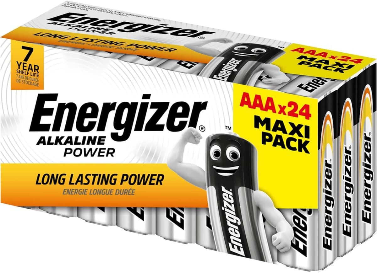 nergizer - Alkaline Power, Pack de 24 Pilas AAA 1,5V, Larga duración para Uso Cotidiano, sin sulfataciones y con hasta 10 años de vida útil