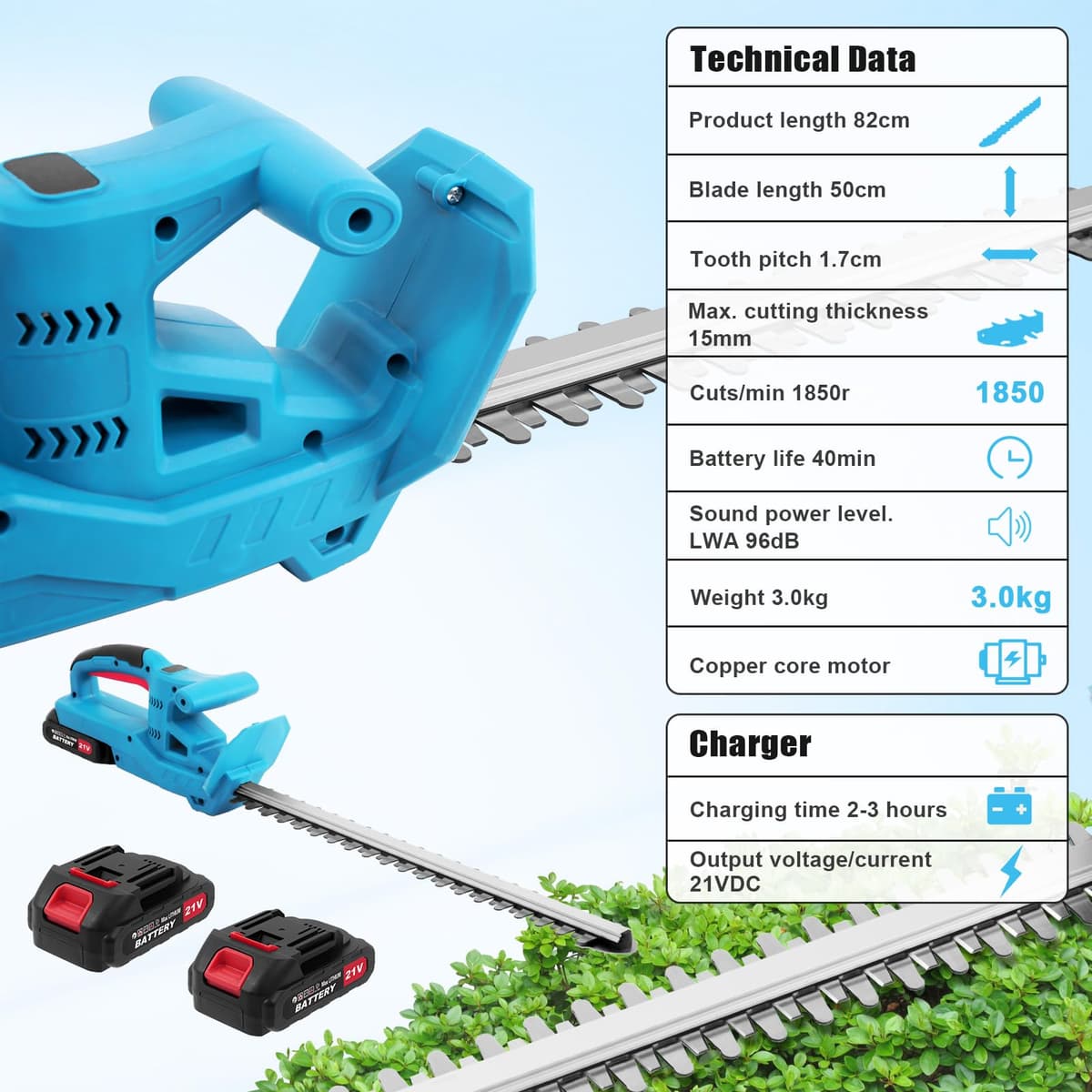 Hedge Trimmer Cordless,52cm Laser-Cut Diamond Hedge Cutter with 21v Battery & 2 Batteries,Lightweight Hedge Trimmer Cordless 2kg,2400 Cuts/Min,45° Adjustable,Safety Lock,Anti-Vibration for Gardeners — view 2