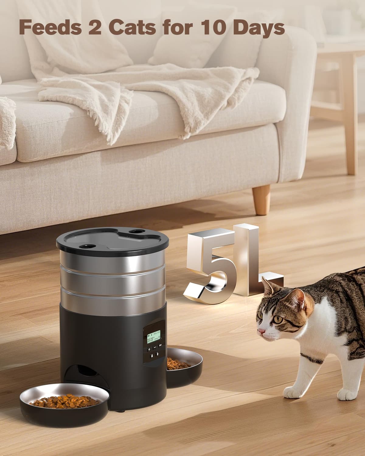 Automatic Cat Feeder Double Bowls: Stainless Steel Cat Food Dispenser – 5L Dog Feeder with Programmable Timer for Indoor – Food Dispenser for Small/Medium Pets — view 4