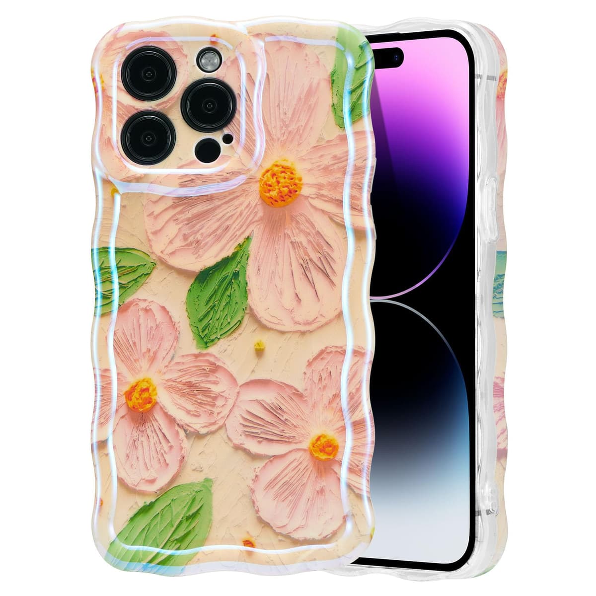 EYZUTAK Case for iPhone 16, Colorful Retro Oil Painting Printed Flower Laser Glossy Pattern Cute Curly Wave Edge Exquisite Phone Cover Stylish Durable TPU Protective Case for Girl Women-Green — view 43