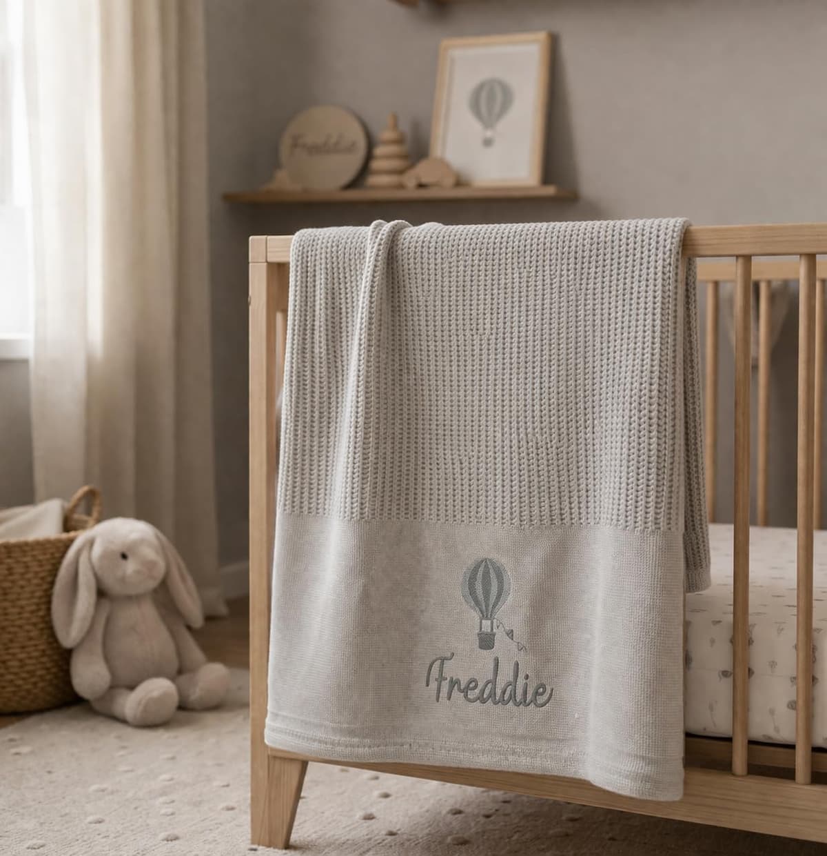Personalised Cellular Baby Blanket with Embroidered Name – 100% Cotton Soft Breathable Newborn Blanket, Pram Crib Moses Basket Blanket, Hot Air Balloon Design, 70x110cm (4 Colours) (Grey) — view 2