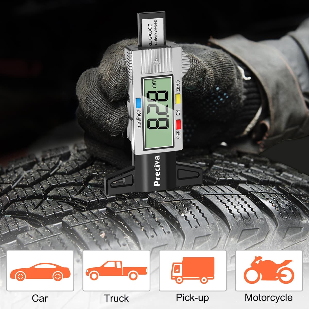 Tyre Tread Depth Gauge, Preciva Silver 0-25.4mm/Inch Digital Tire Checker UK, Tyres Depths Measuring Tool with Large LCD Screen for Cars, Trucks, Vans — view 4