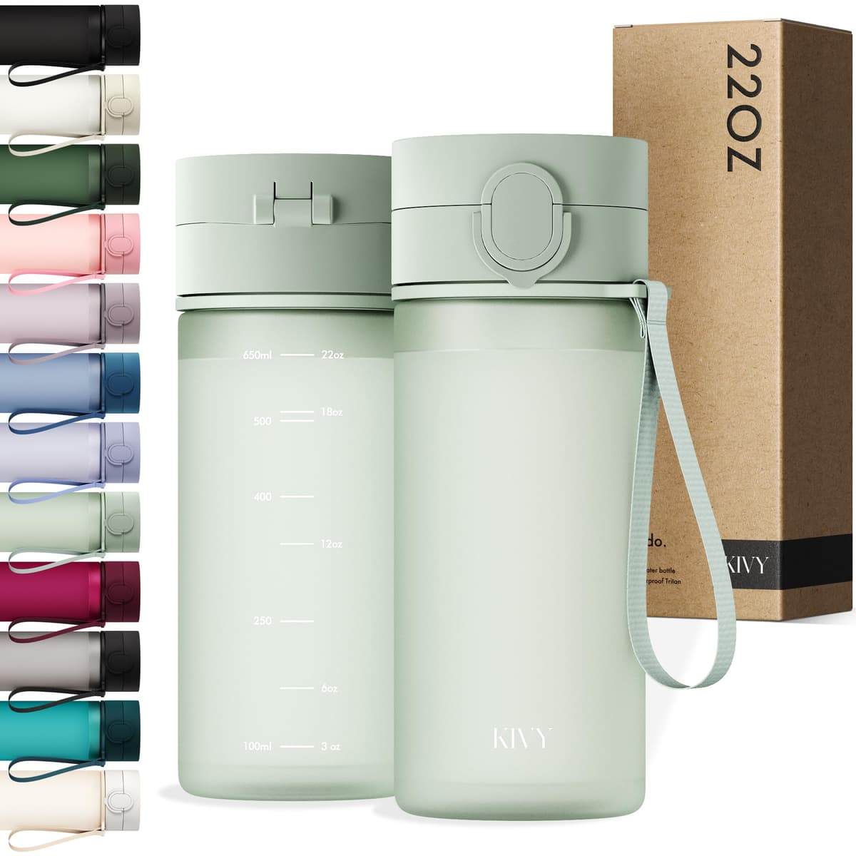 KIVY Botella de Agua Tritan 650ml [CON TAPA ABATIBLE] - Water Bottle para Niños & Adultos - Sin BPA - Garrafa Apto Lavavajillas - Cantimplora para Gimnasio, Deportiva, Oficina y Escuela - Verde