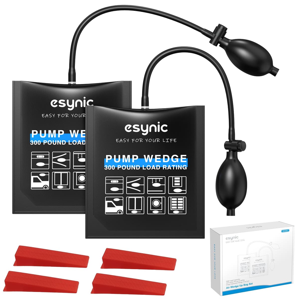 eSynic Air Wedge Pump Up Bag Inflatable Pump Bag Durable TPU Air Bags for Lifting Door 15 * 16.5cm/5.9 * 6.5 Inch Size Air Wedge Door Pump Up Bags Load-bearing 441 Pounds/200KG with Plastic Wedges