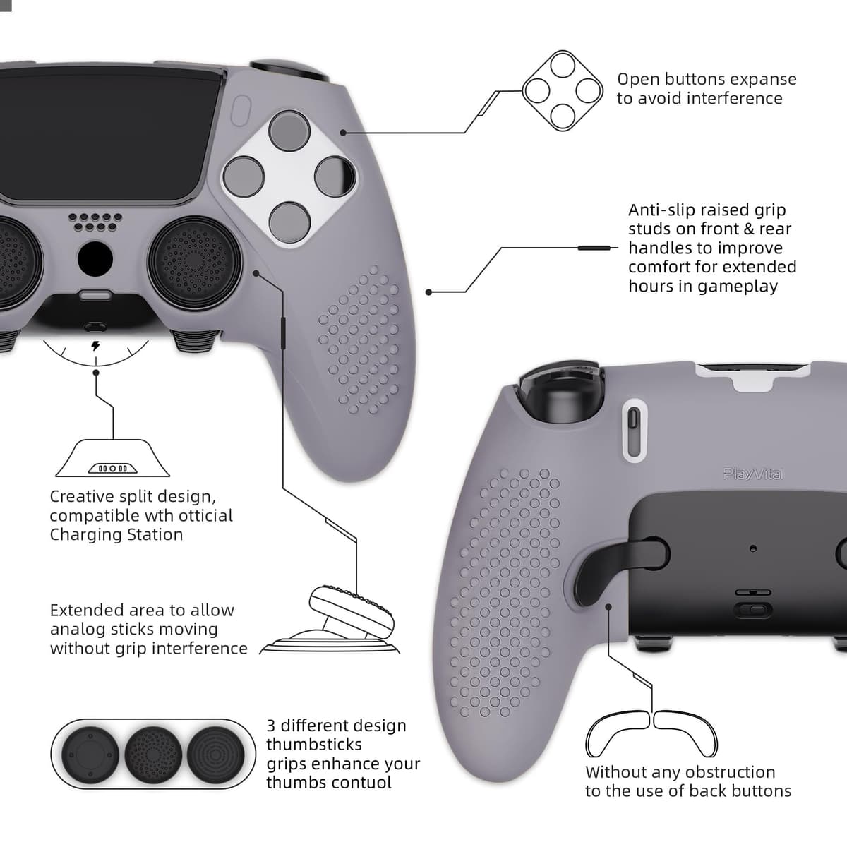 PlayVital Funda de Silicona Antideslizante para ps5 Edge - Carcasa Protectora con 6 Tapas de Joysticks, Cubierta de Goma Tacto Suave, Protector de Mando, Diseño 3D Tachonado (Gris Metálico) — view 4