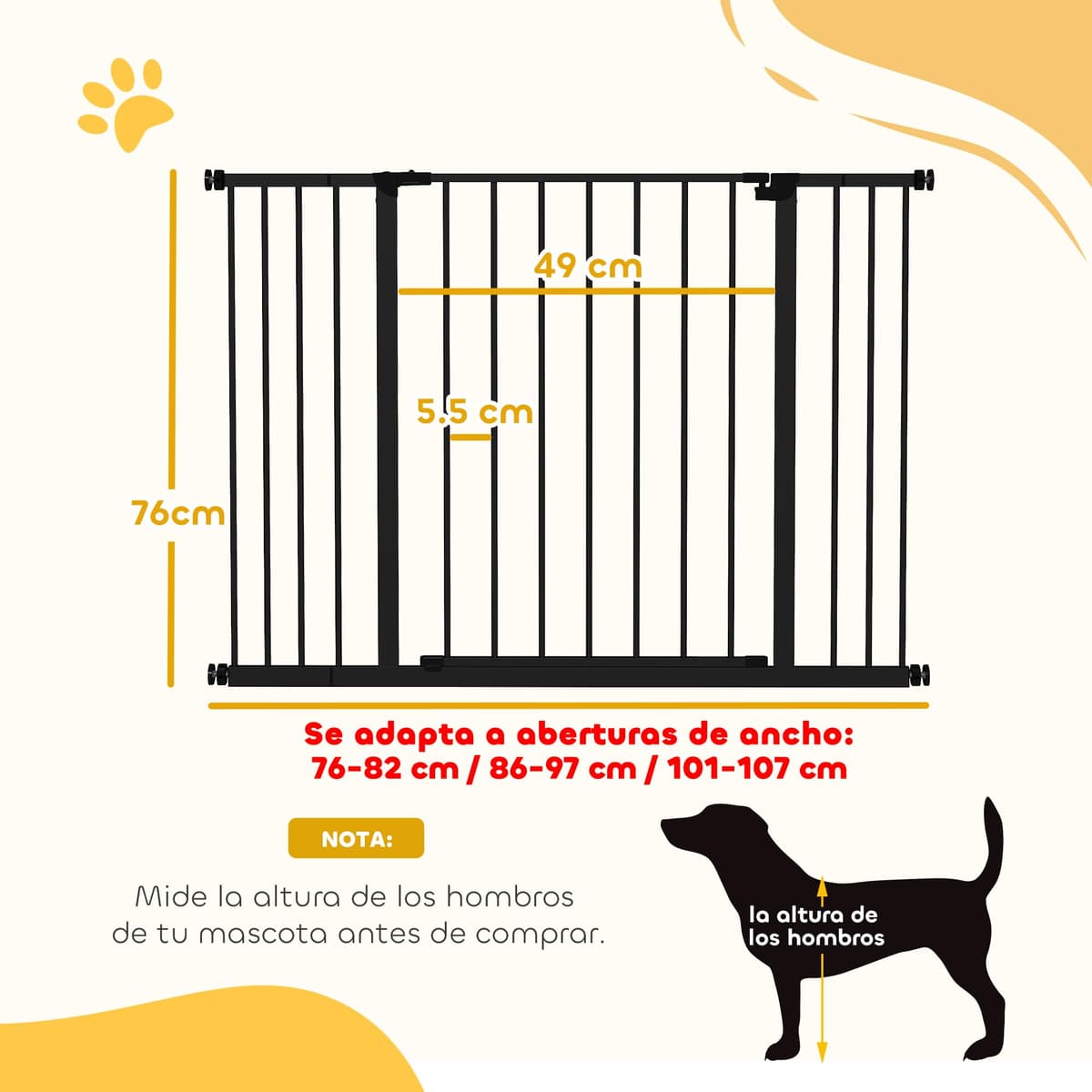 PawHut Barrera de Seguridad Extensible para Puertas y Escaleras para Perros y Bebé, Barrera para Mascotas, Ajuste a Presión, Apertura con Una Sola Mano, 2 Extensiones 15/10 cm, 76-107x76 cm, Negro — view 3