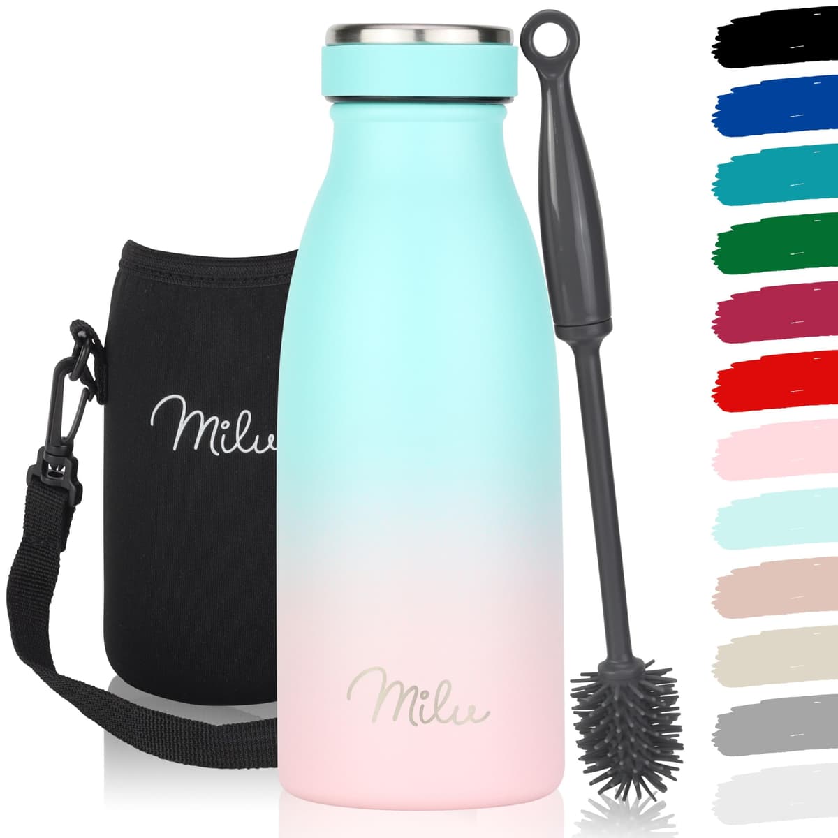 Milu Stainless Steel Drinking Bottle 350 ml - Insulated Thermo Flask for Water - Leak Proof, Insulated and Double Walled, Carbonated (Mint Pink, 350ml)