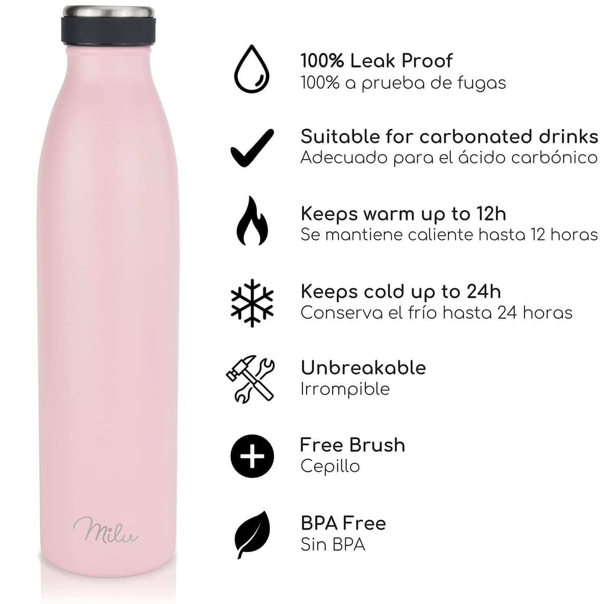 Milu Botella de acero inoxidable de 350ml 500ml 750 ml 1 L 1,5 L botella de agua aislada, termo a prueba de fugas, doble pared, apta para ácido carbónico + cepillo de limpieza (Azul Violeta, 350ml) — view 84