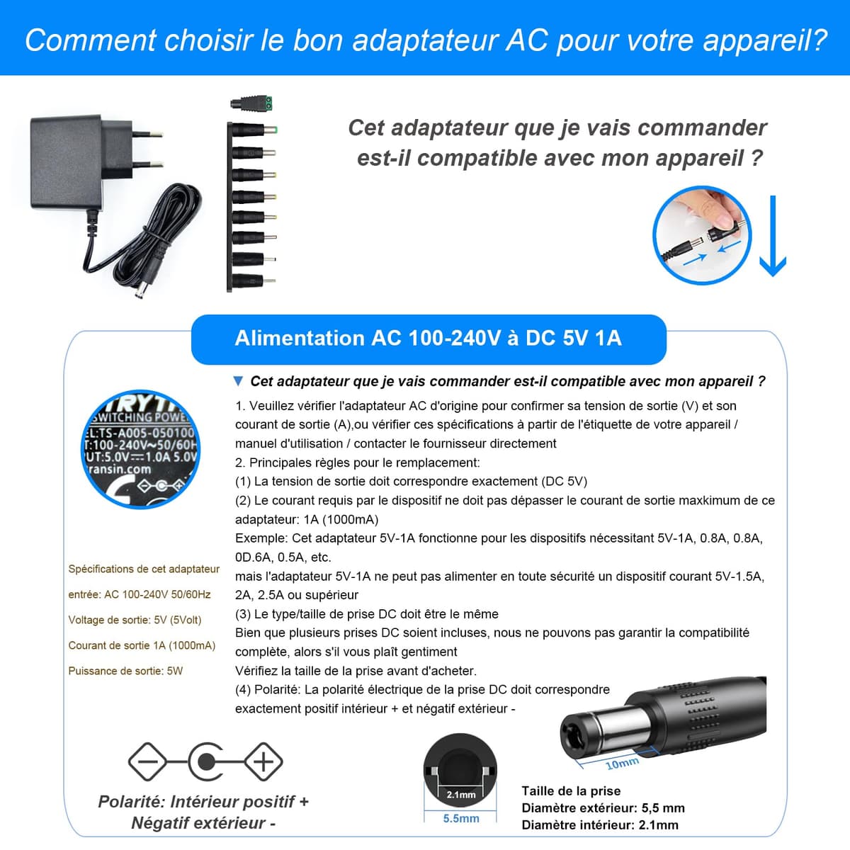 Adaptador de corriente AC a DC 5 V 1 A, enchufe de 5,5 mm x 2,1 mm — view 5